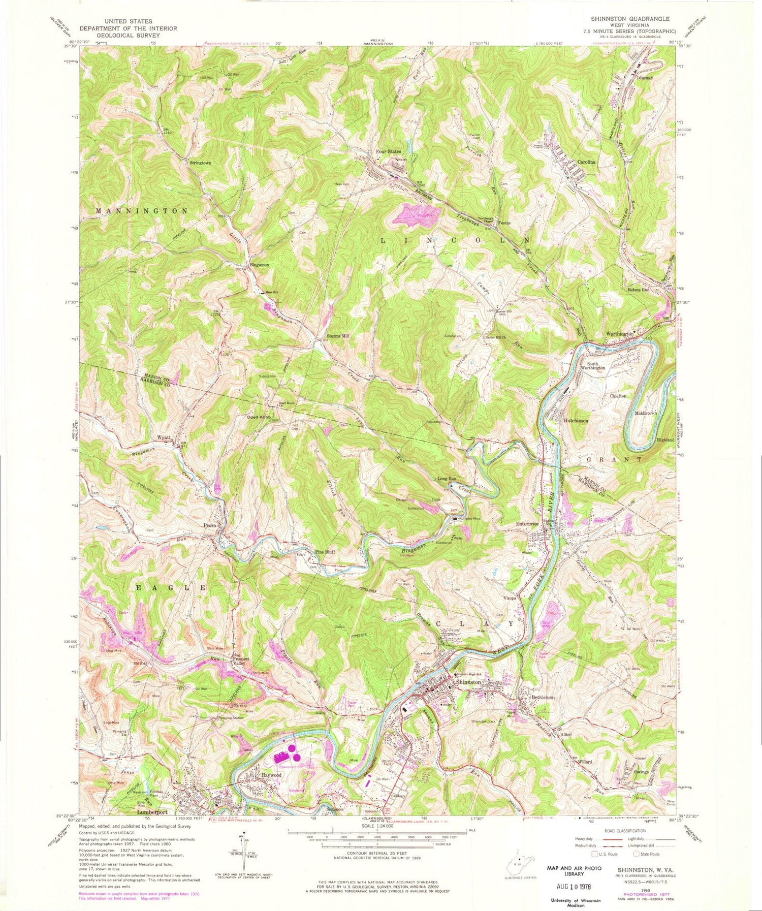Classic USGS Shinnston West Virginia 7.5'x7.5' Topo Map Image