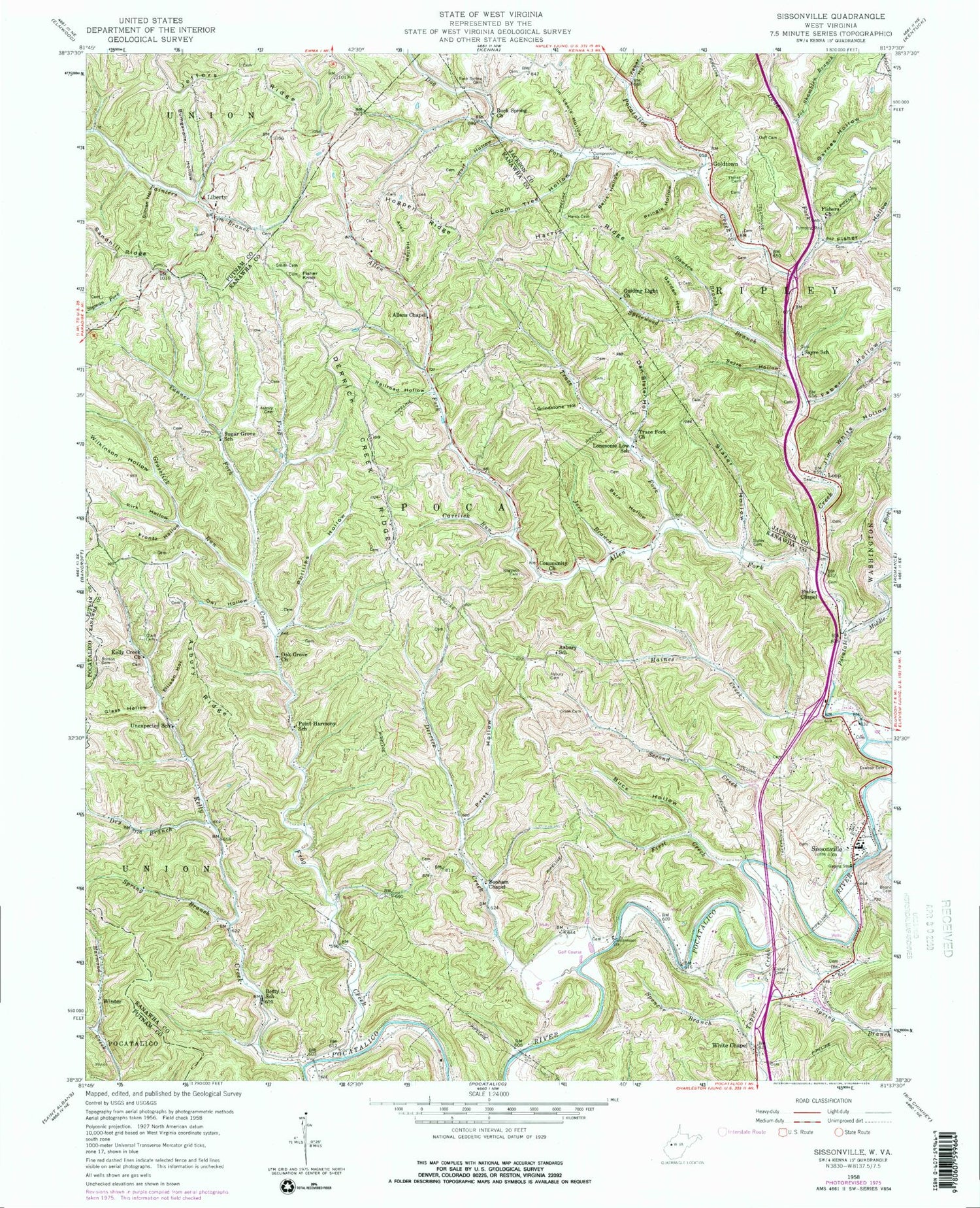Classic USGS Sissonville West Virginia 7.5'x7.5' Topo Map Image