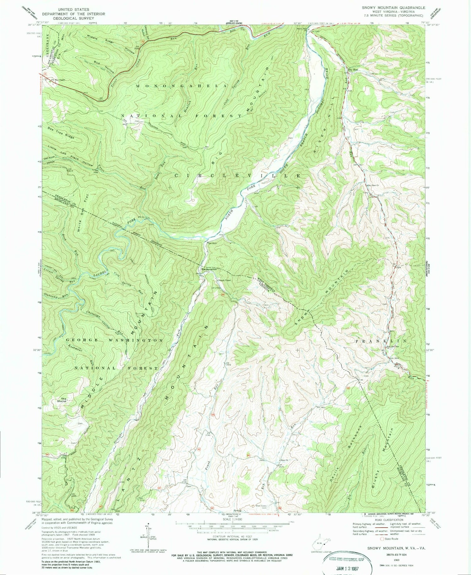 Classic USGS Snowy Mountain West Virginia 7.5'x7.5' Topo Map Image