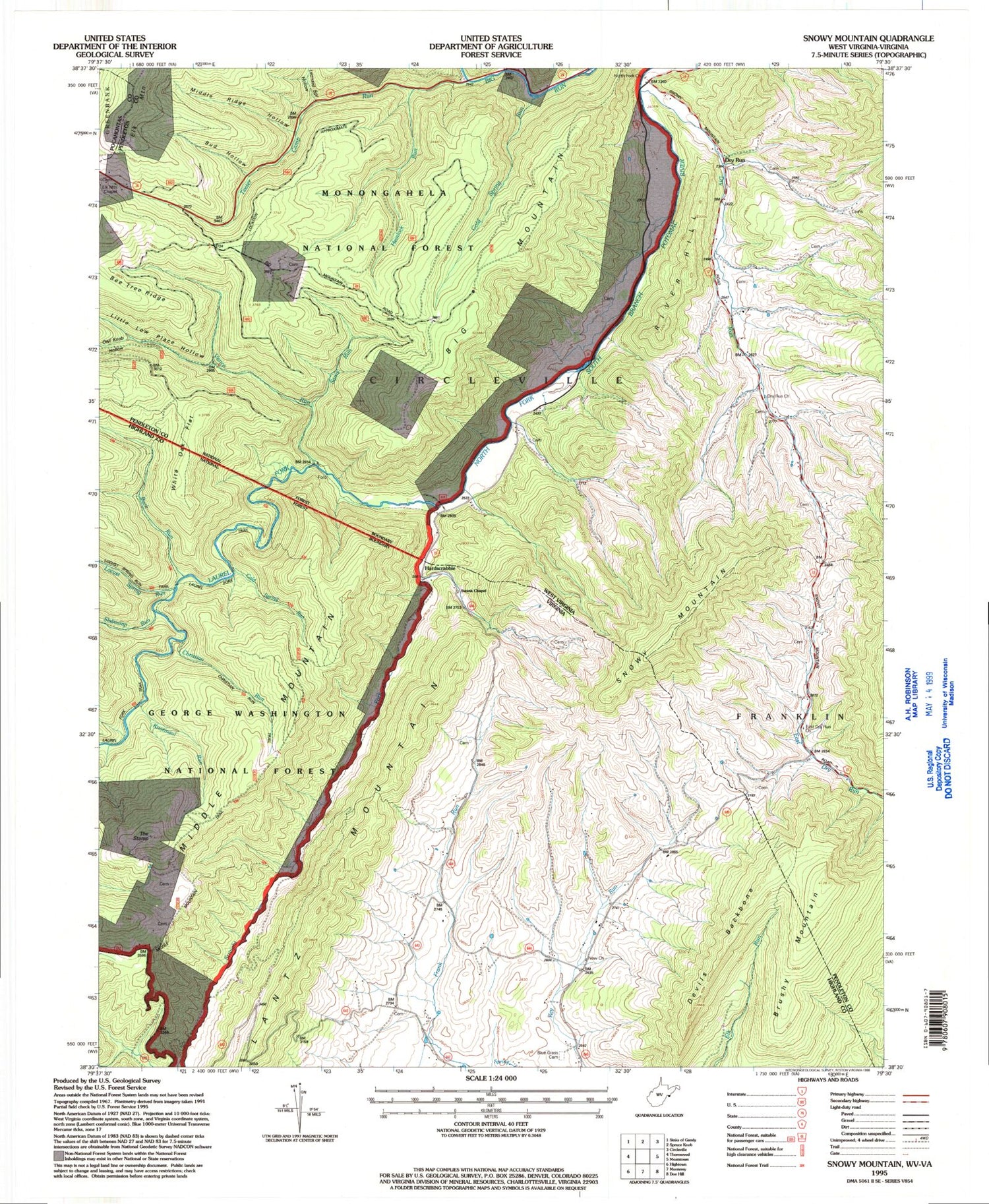 Classic USGS Snowy Mountain West Virginia 7.5'x7.5' Topo Map Image
