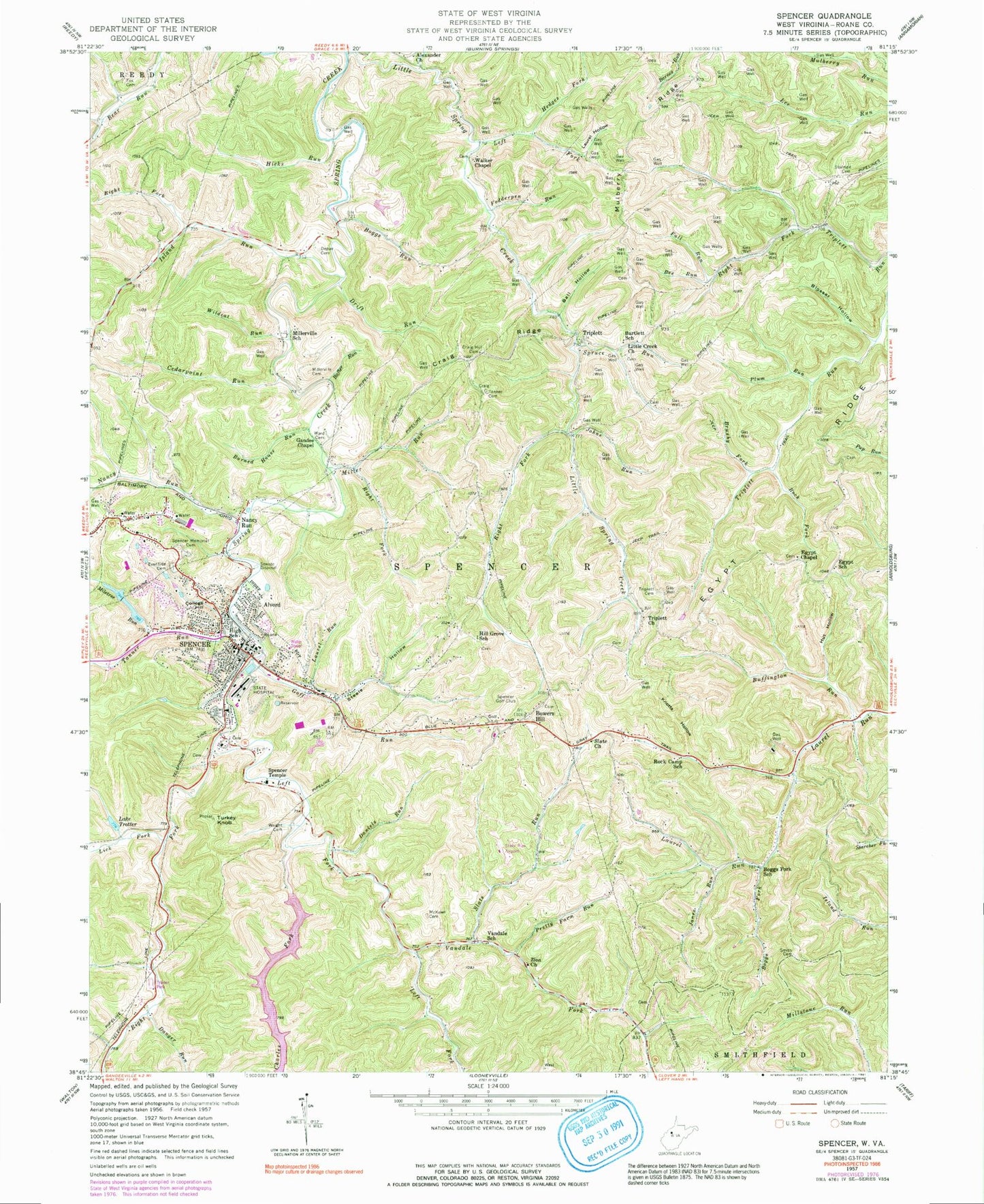 Classic USGS Spencer West Virginia 7.5'x7.5' Topo Map Image