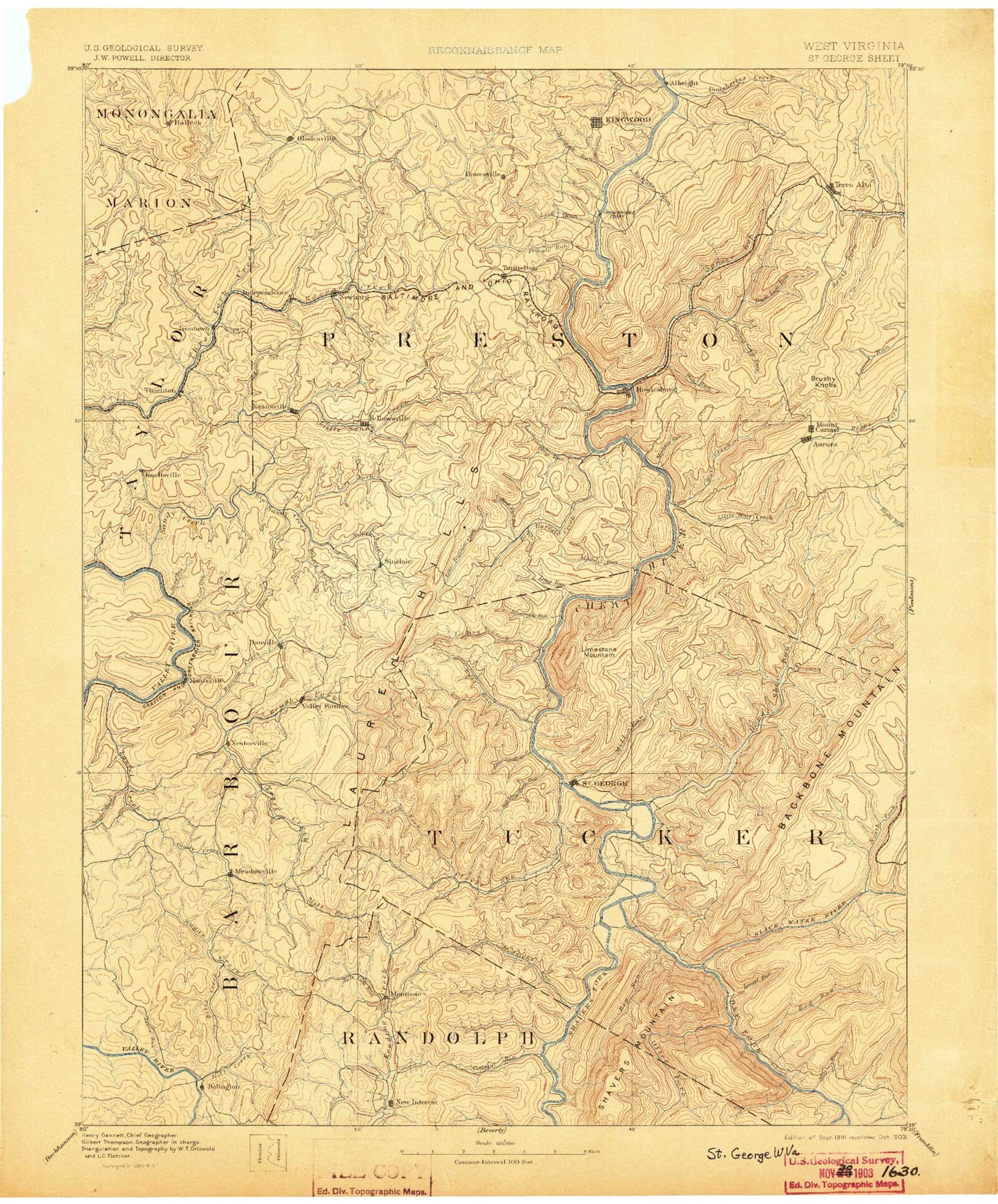 Historic 1891 Parsons West Virginia 30'x30' Topo Map Image