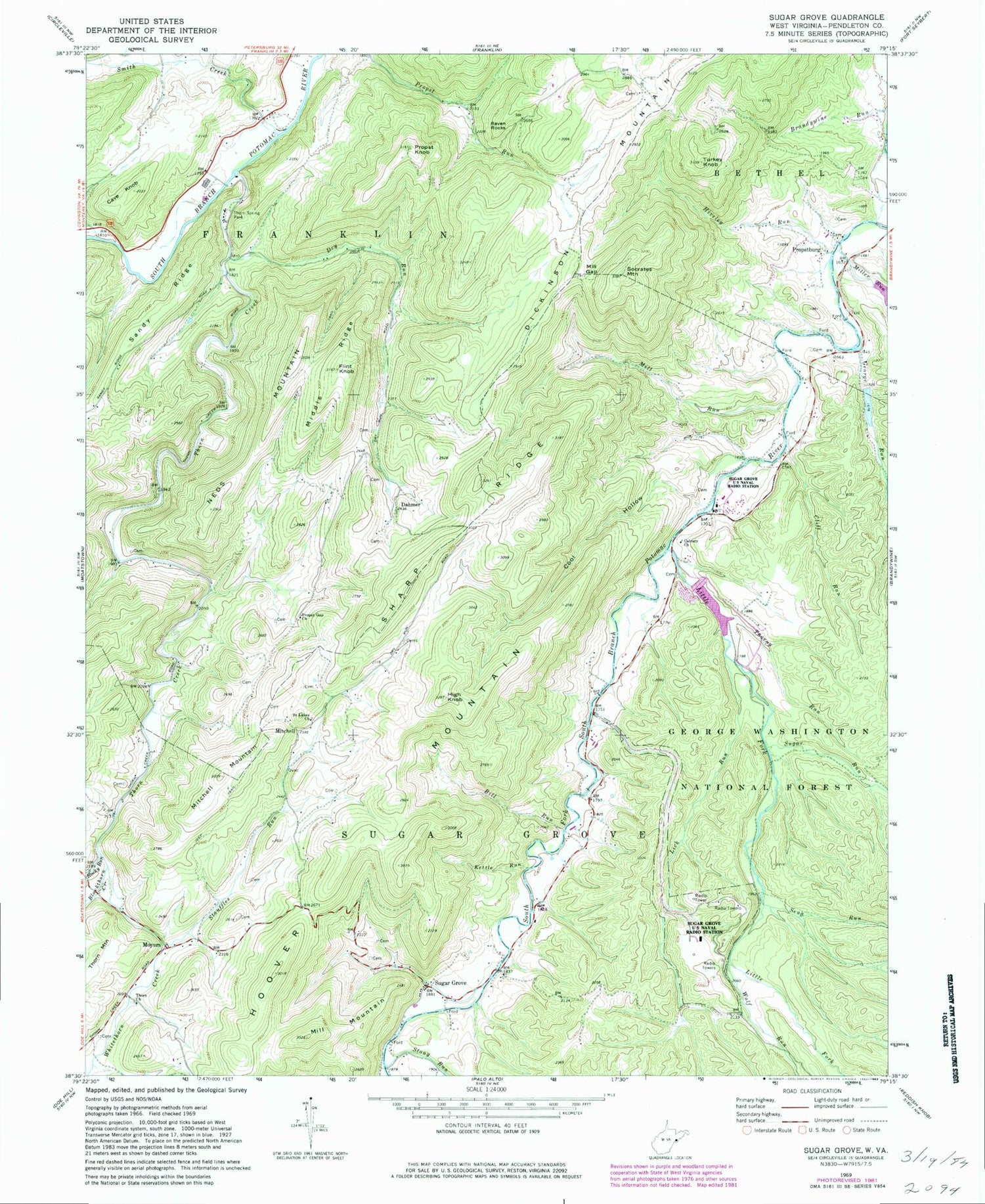 Classic USGS Sugar Grove West Virginia 7.5'x7.5' Topo Map Image