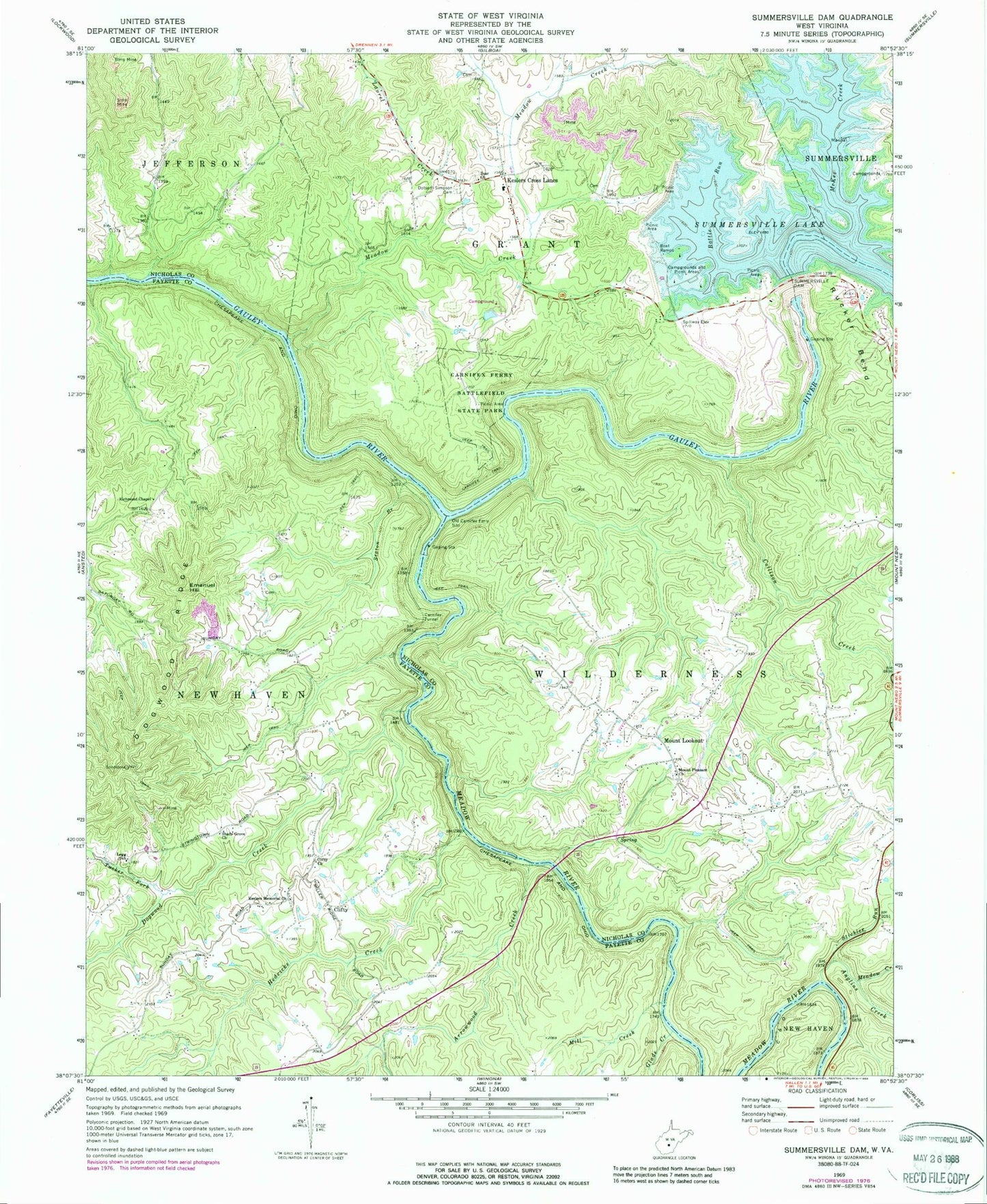Classic USGS Summersville Dam West Virginia 7.5'x7.5' Topo Map Image