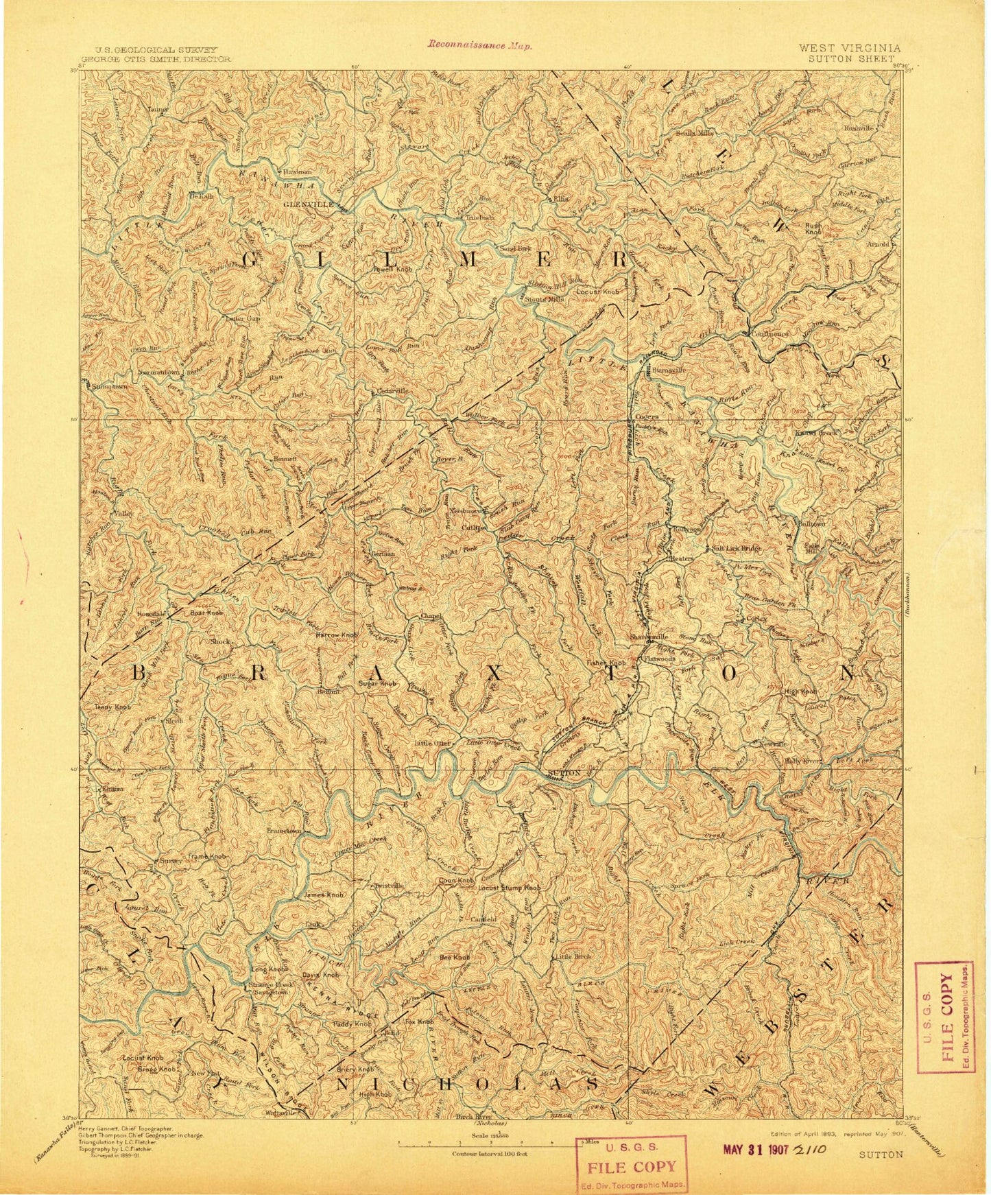 Historic 1893 Sutton West Virginia 30'x30' Topo Map Image