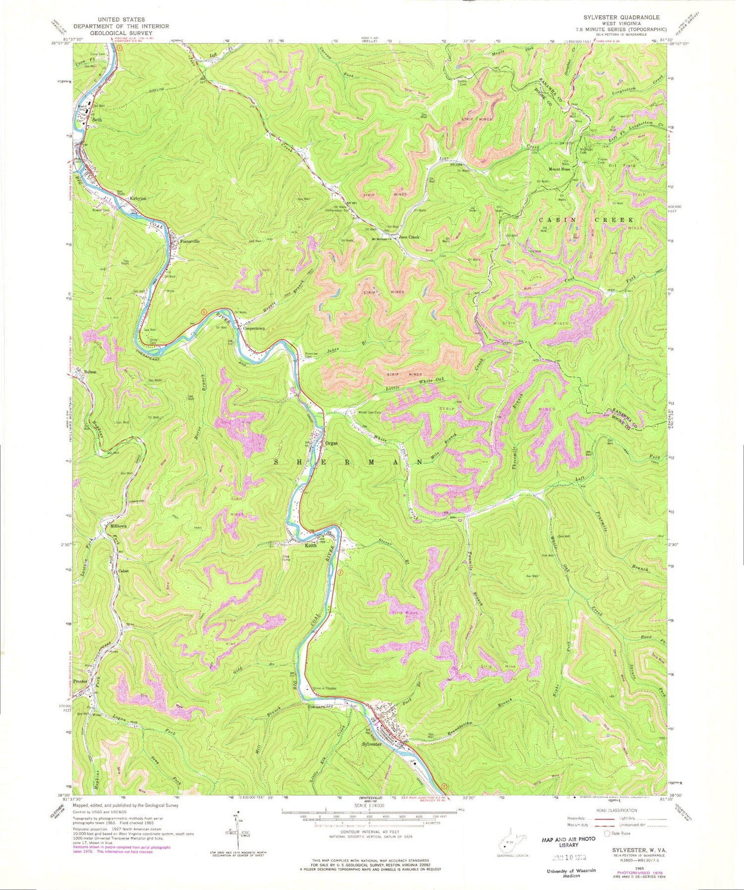 Classic USGS Sylvester West Virginia 7.5'x7.5' Topo Map Image
