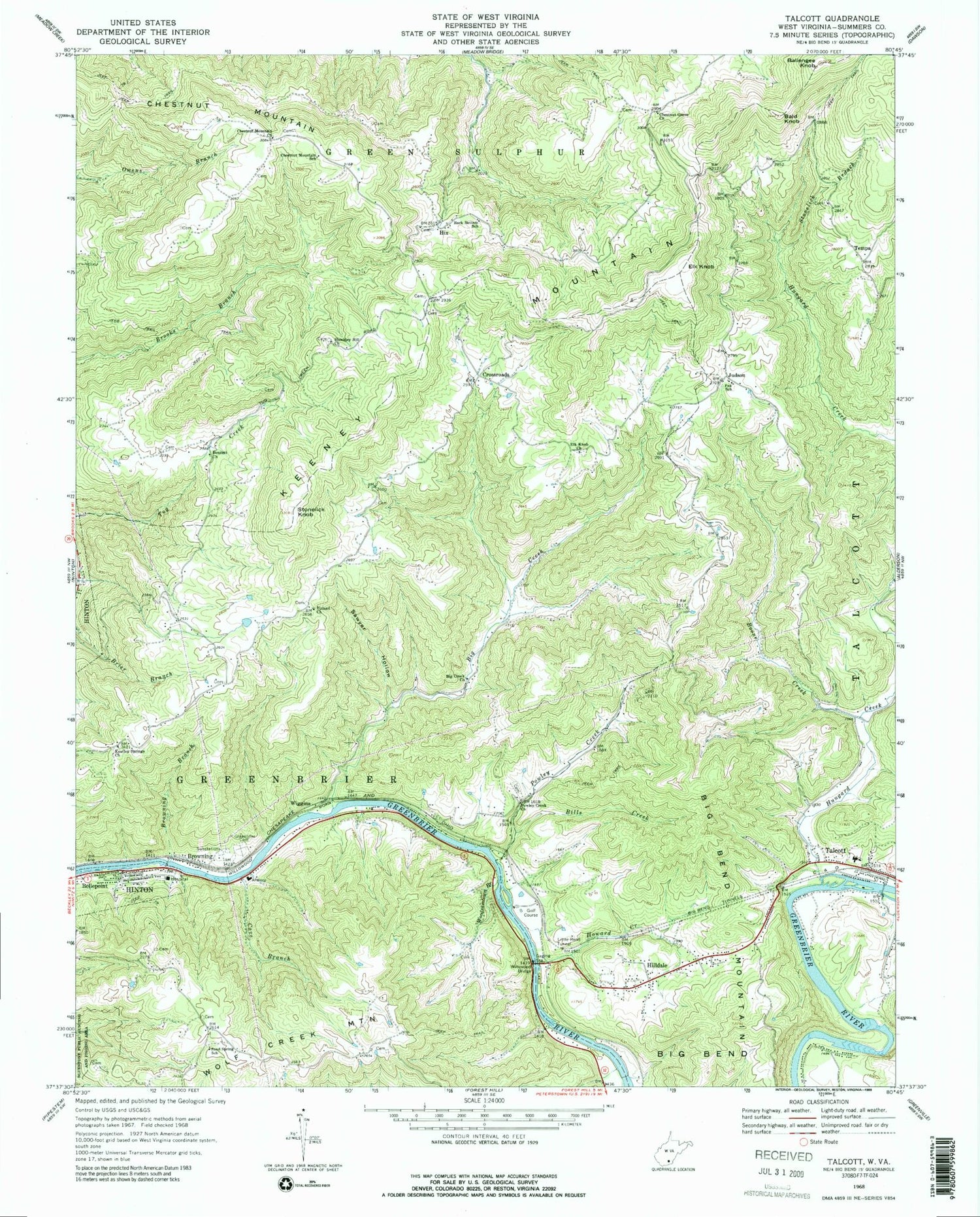 Classic USGS Talcott West Virginia 7.5'x7.5' Topo Map Image