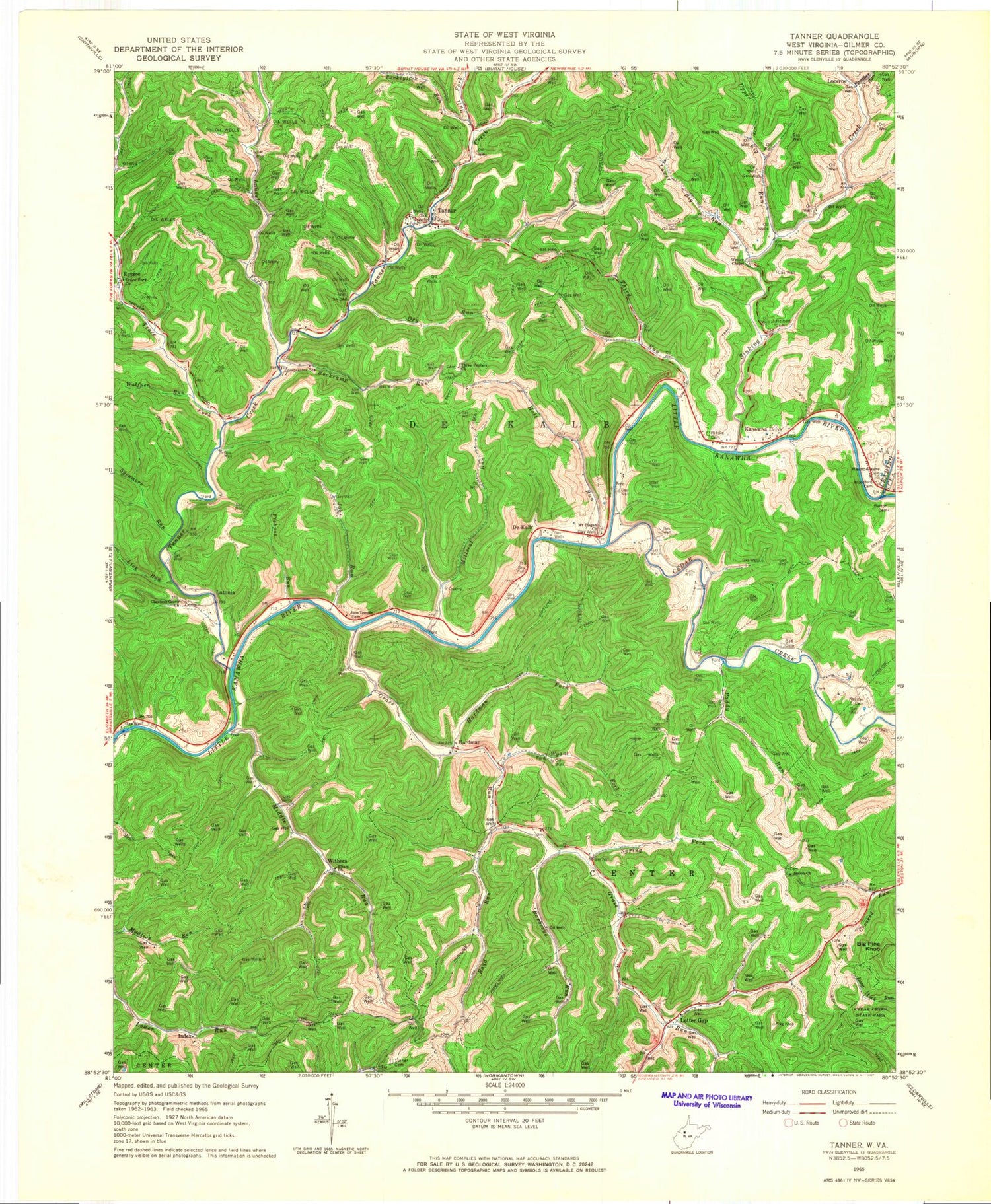 Classic USGS Tanner West Virginia 7.5'x7.5' Topo Map Image