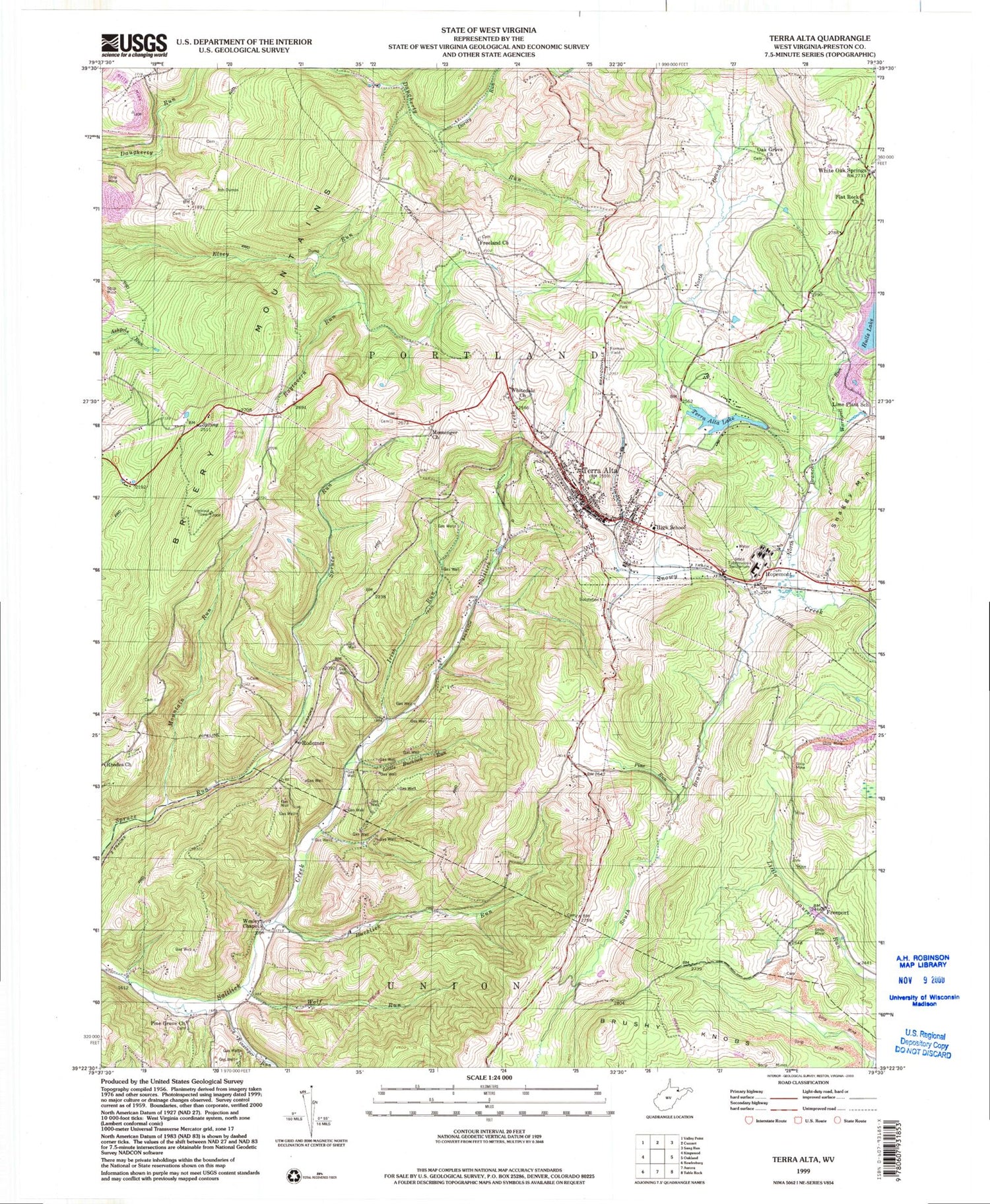 Classic USGS Terra Alta West Virginia 7.5'x7.5' Topo Map Image
