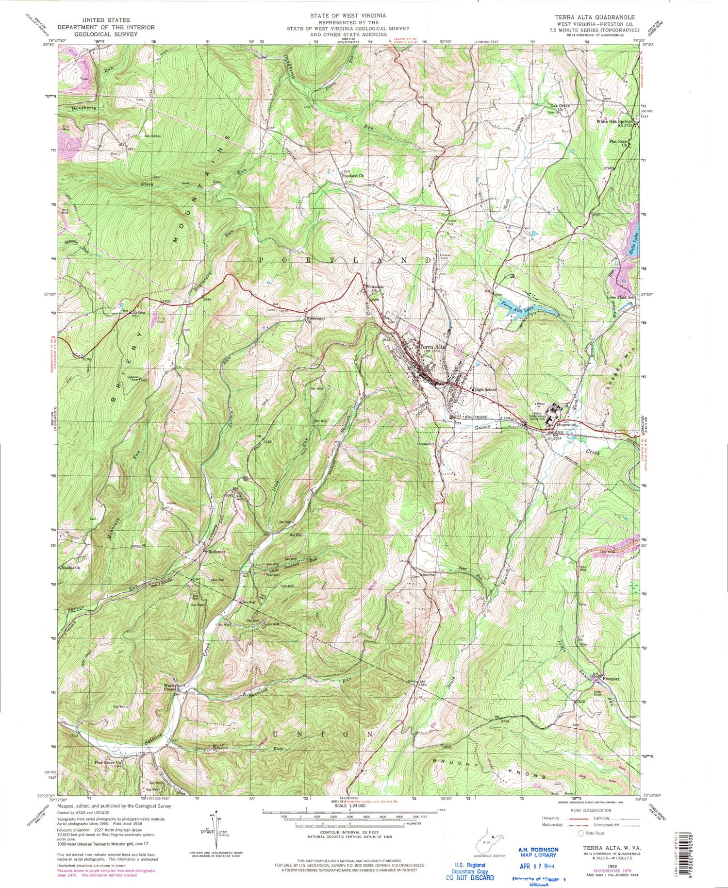 Classic USGS Terra Alta West Virginia 7.5'x7.5' Topo Map Image