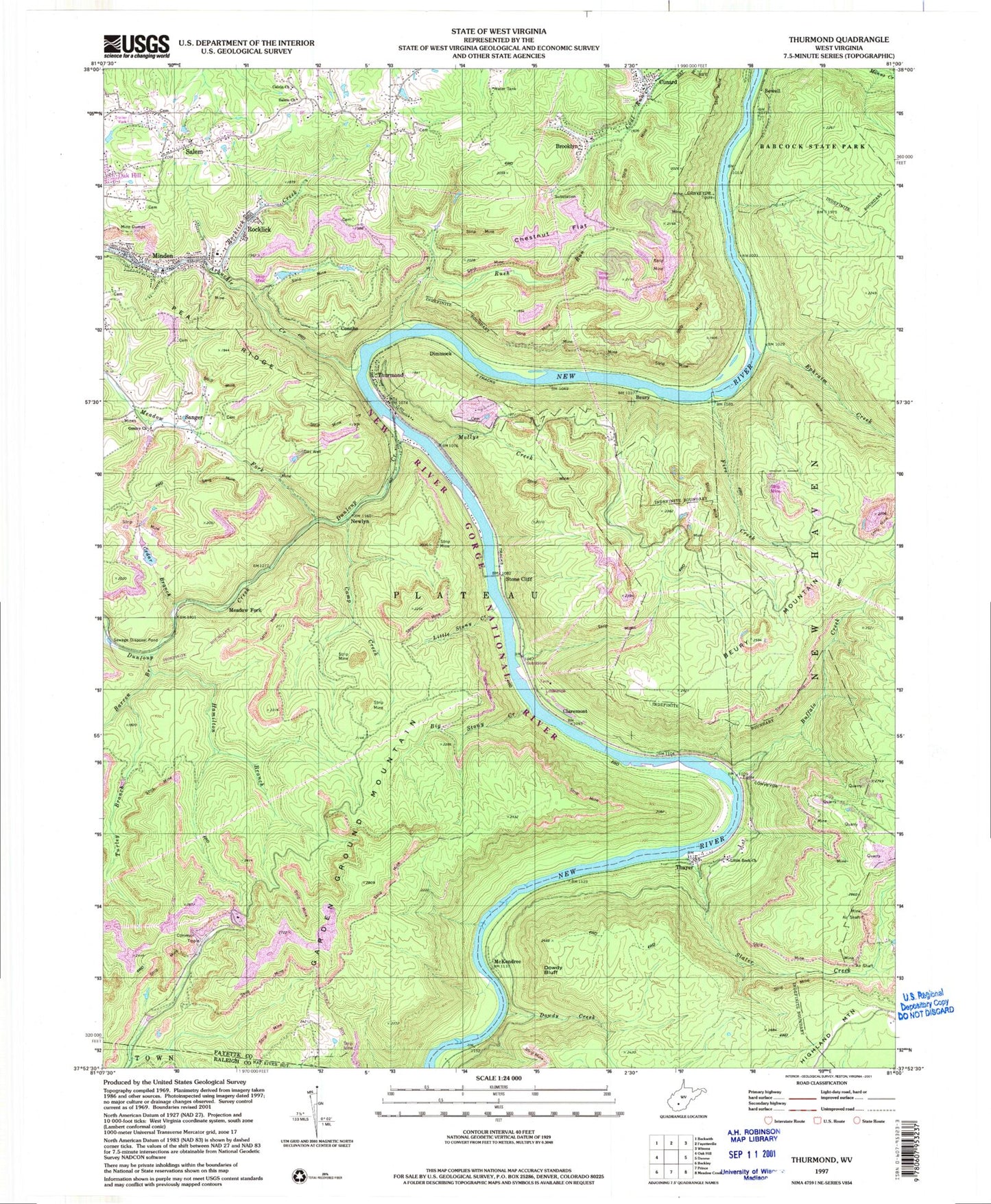 Classic USGS Thurmond West Virginia 7.5'x7.5' Topo Map Image