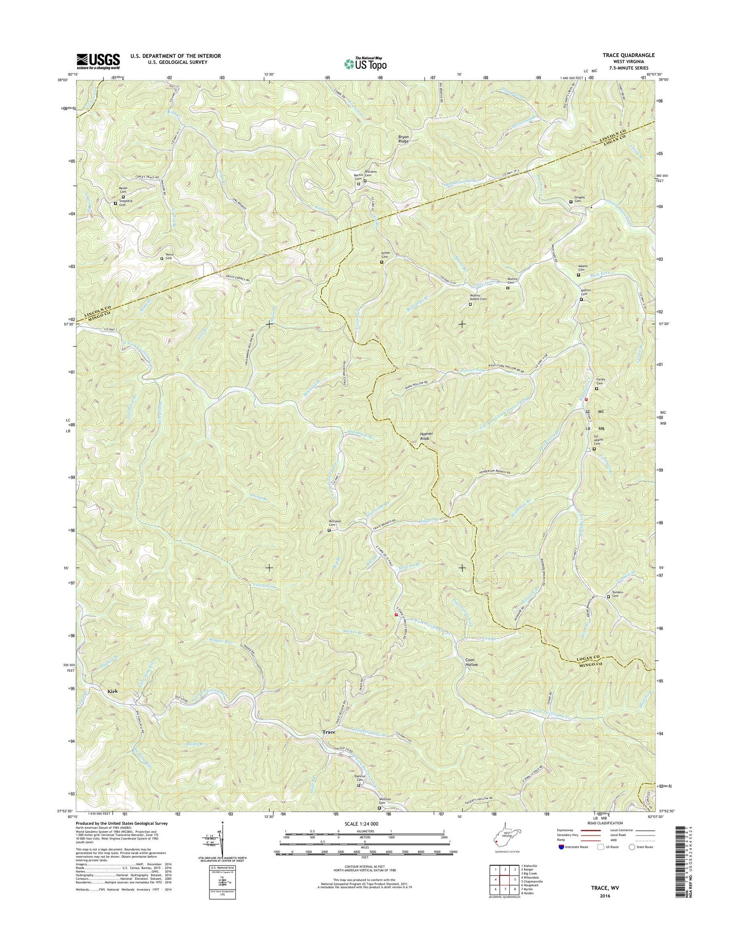 Trace West Virginia US Topo Map Image