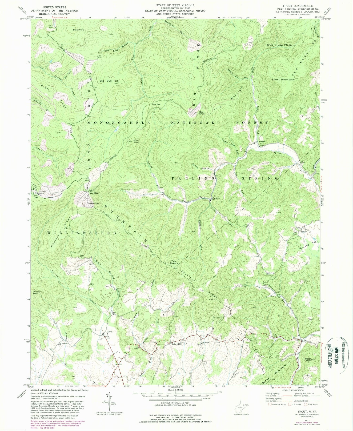 Classic USGS Trout West Virginia 7.5'x7.5' Topo Map Image