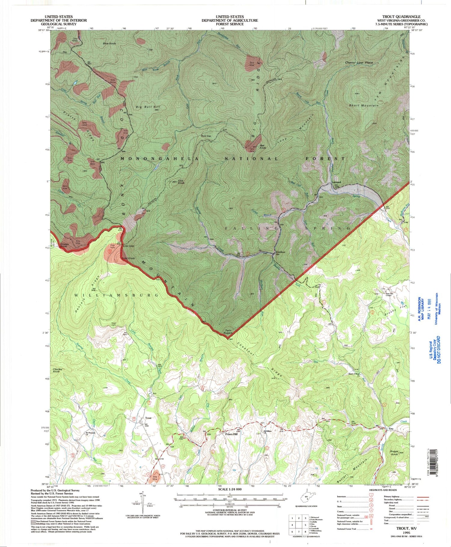 Classic USGS Trout West Virginia 7.5'x7.5' Topo Map Image