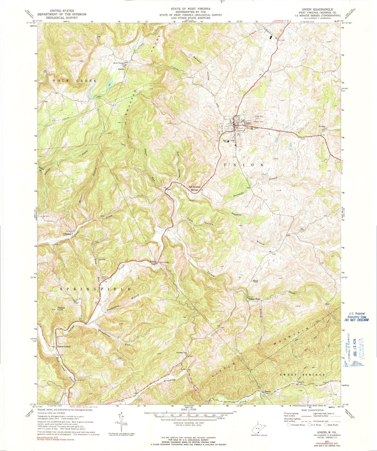 Classic USGS Union West Virginia 7.5'x7.5' Topo Map Image