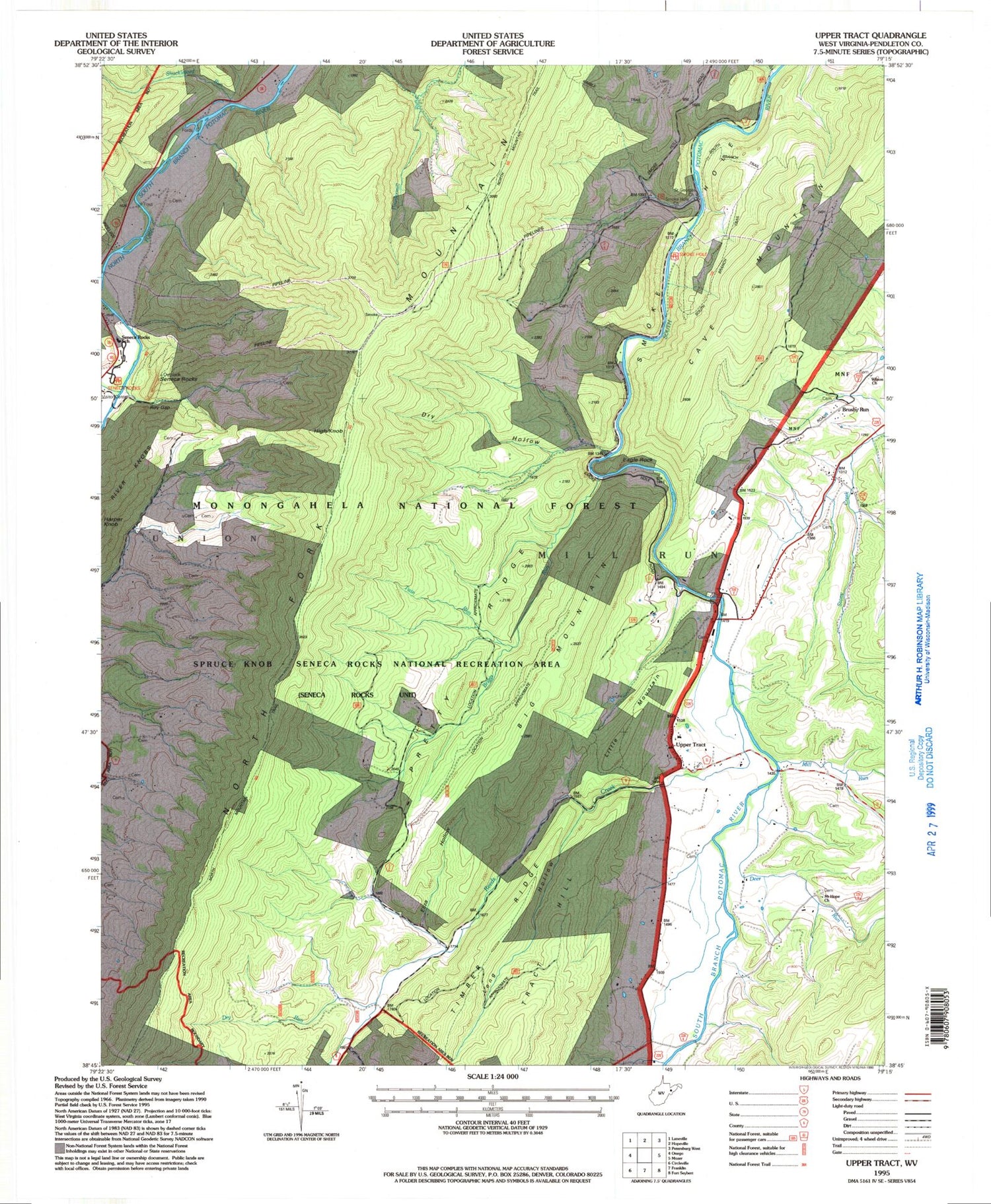 Classic USGS Upper Tract West Virginia 7.5'x7.5' Topo Map Image
