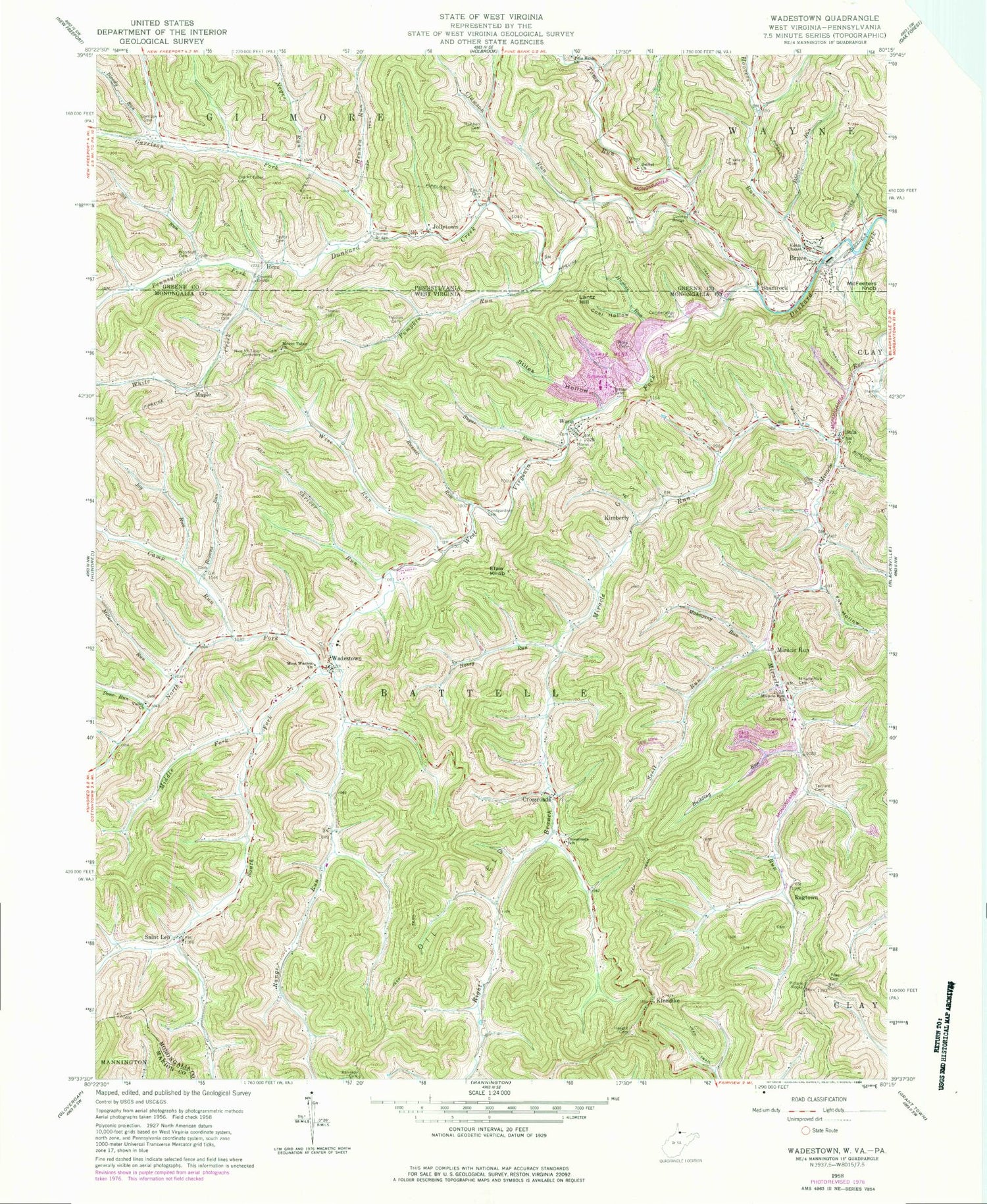 Classic USGS Wadestown West Virginia 7.5'x7.5' Topo Map Image