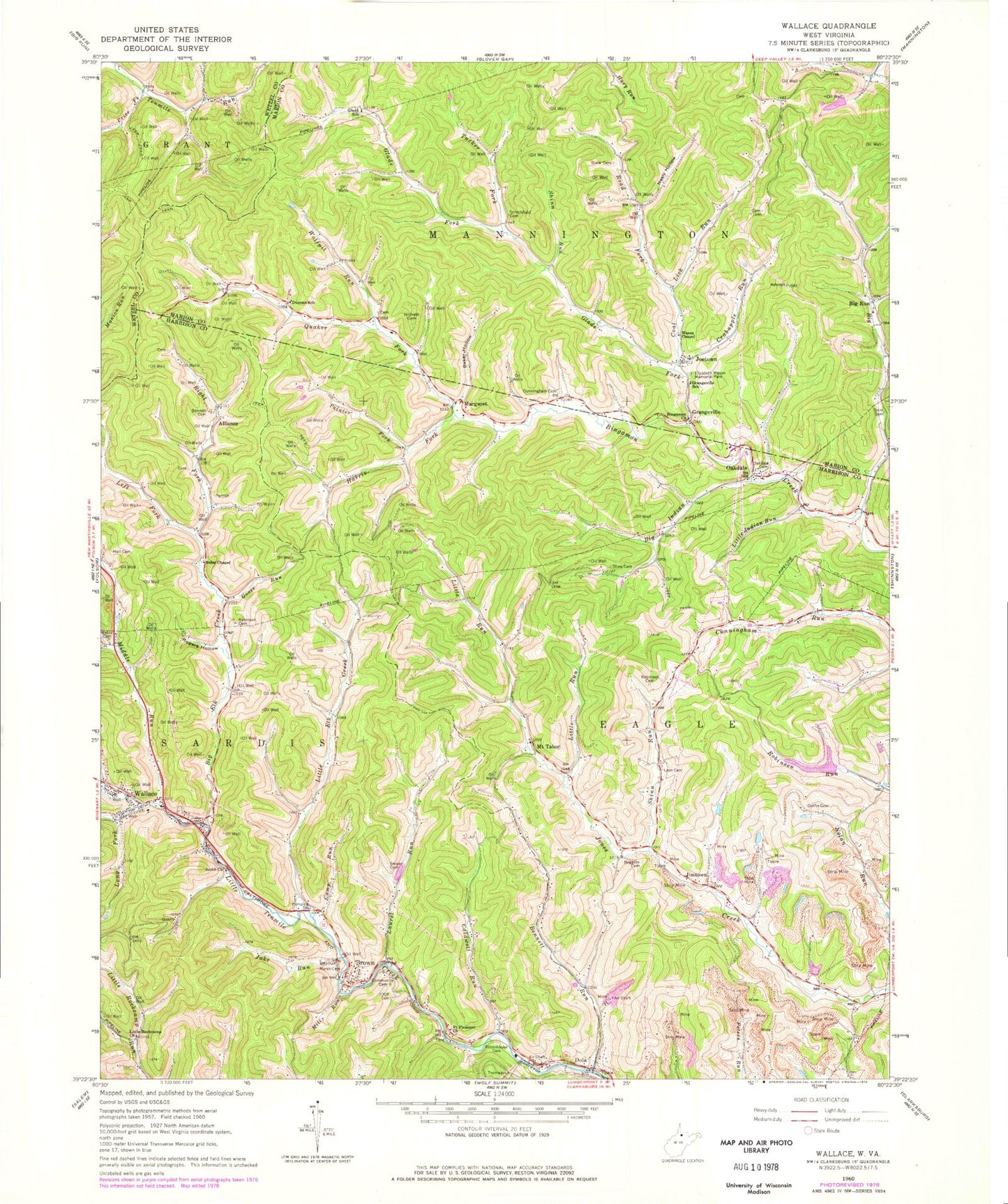 Classic USGS Wallace West Virginia 7.5'x7.5' Topo Map Image