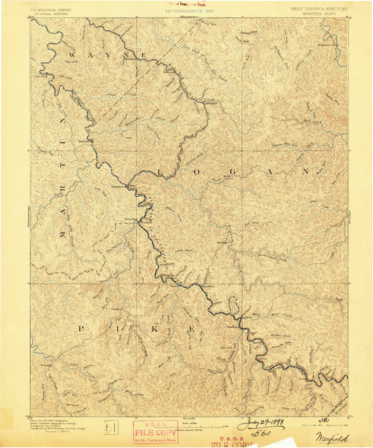 Historic 1891 Warfield West Virginia 30'x30' Topo Map Image