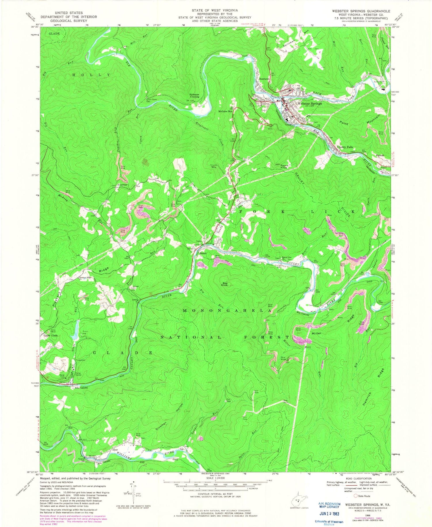 Classic USGS Webster Springs West Virginia 7.5'x7.5' Topo Map Image