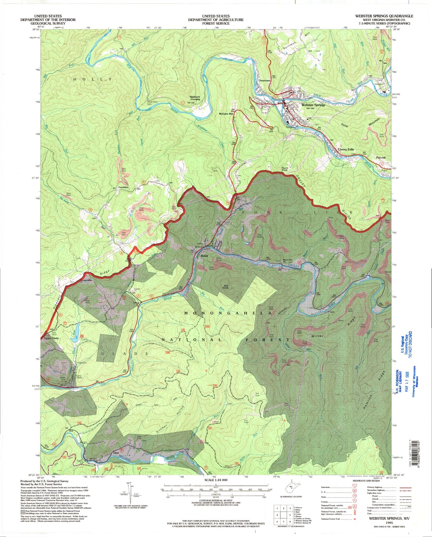 Classic USGS Webster Springs West Virginia 7.5'x7.5' Topo Map Image