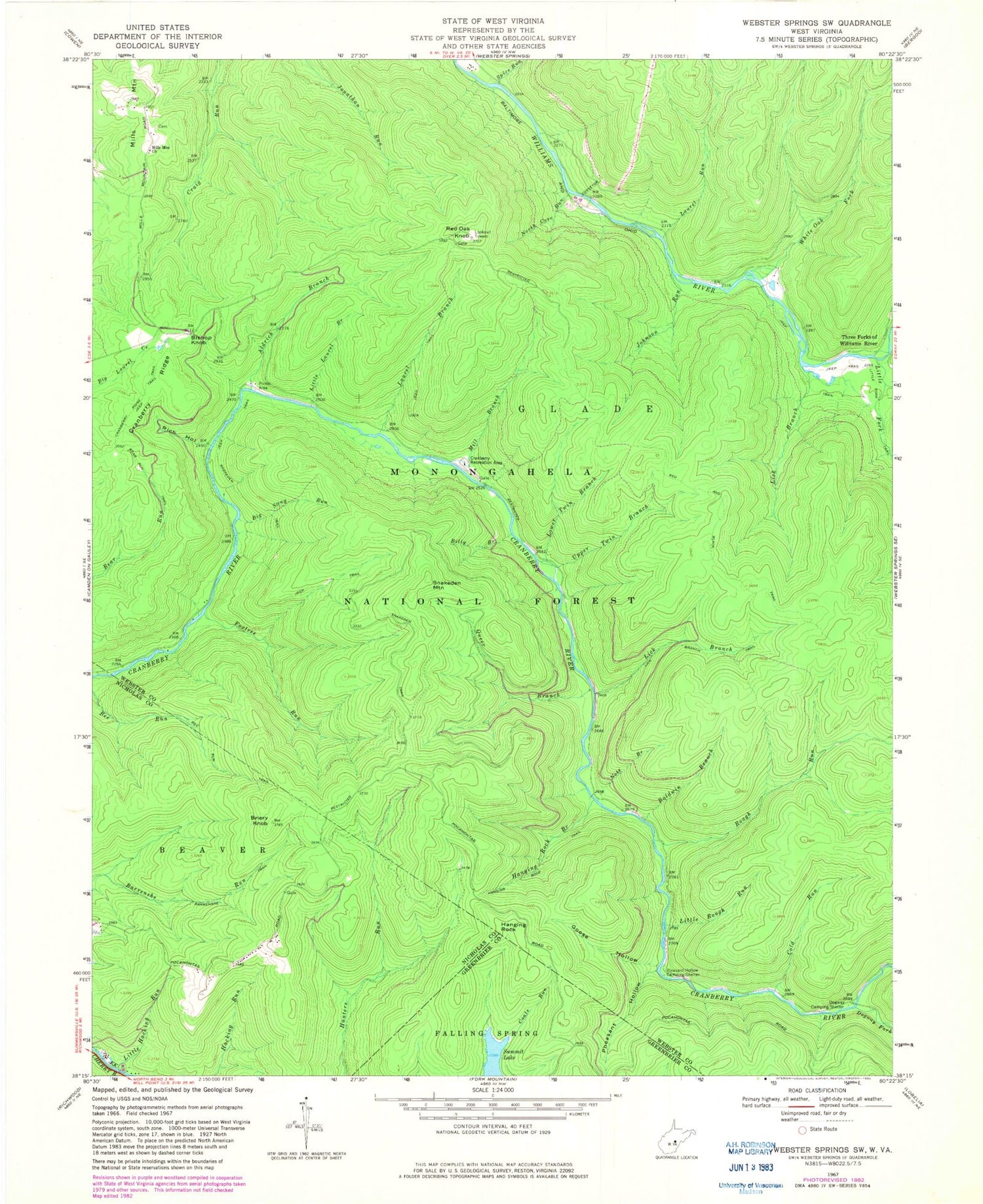 Classic USGS Webster Springs SW West Virginia 7.5'x7.5' Topo Map Image