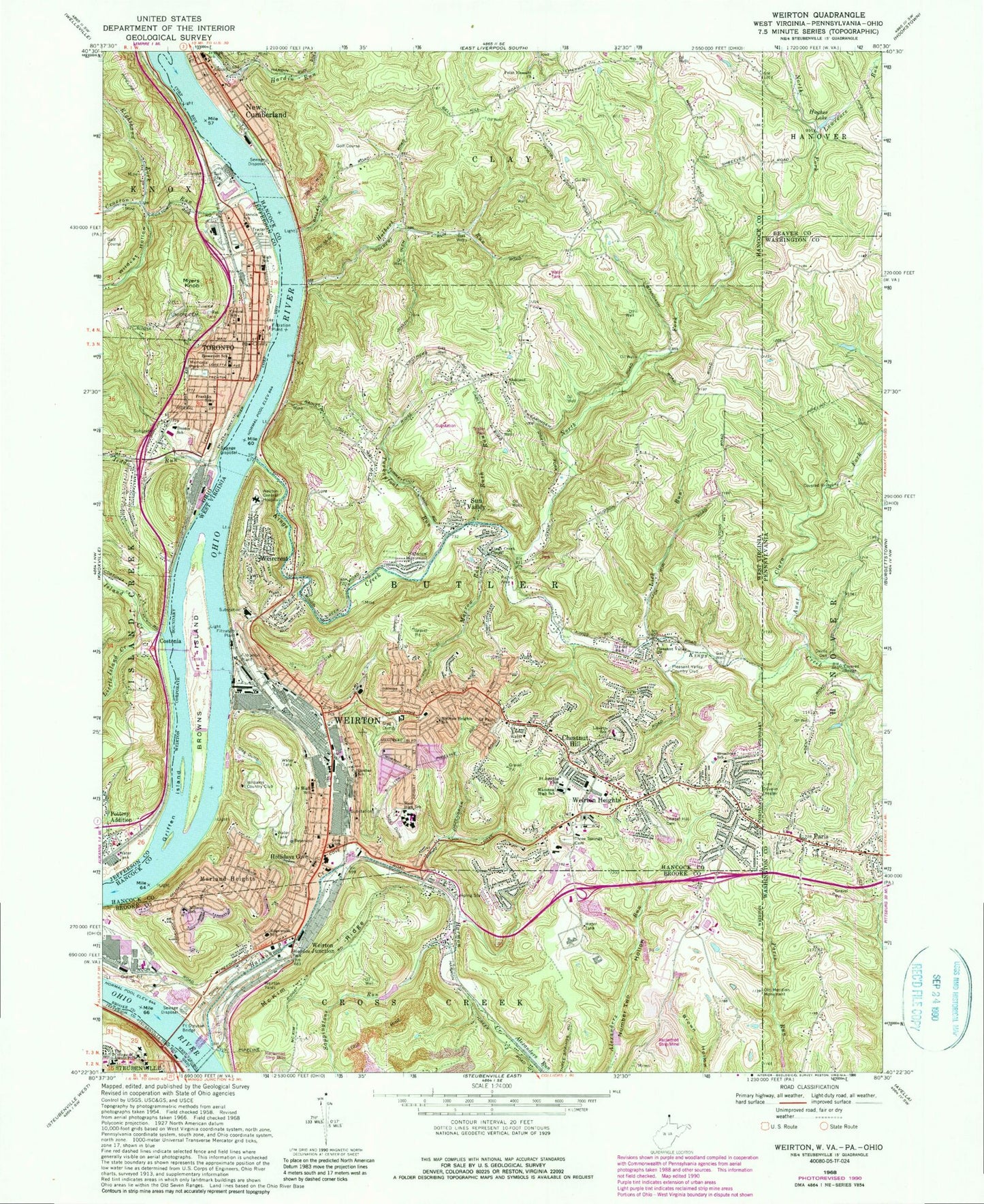 Classic USGS Weirton West Virginia 7.5'x7.5' Topo Map Image