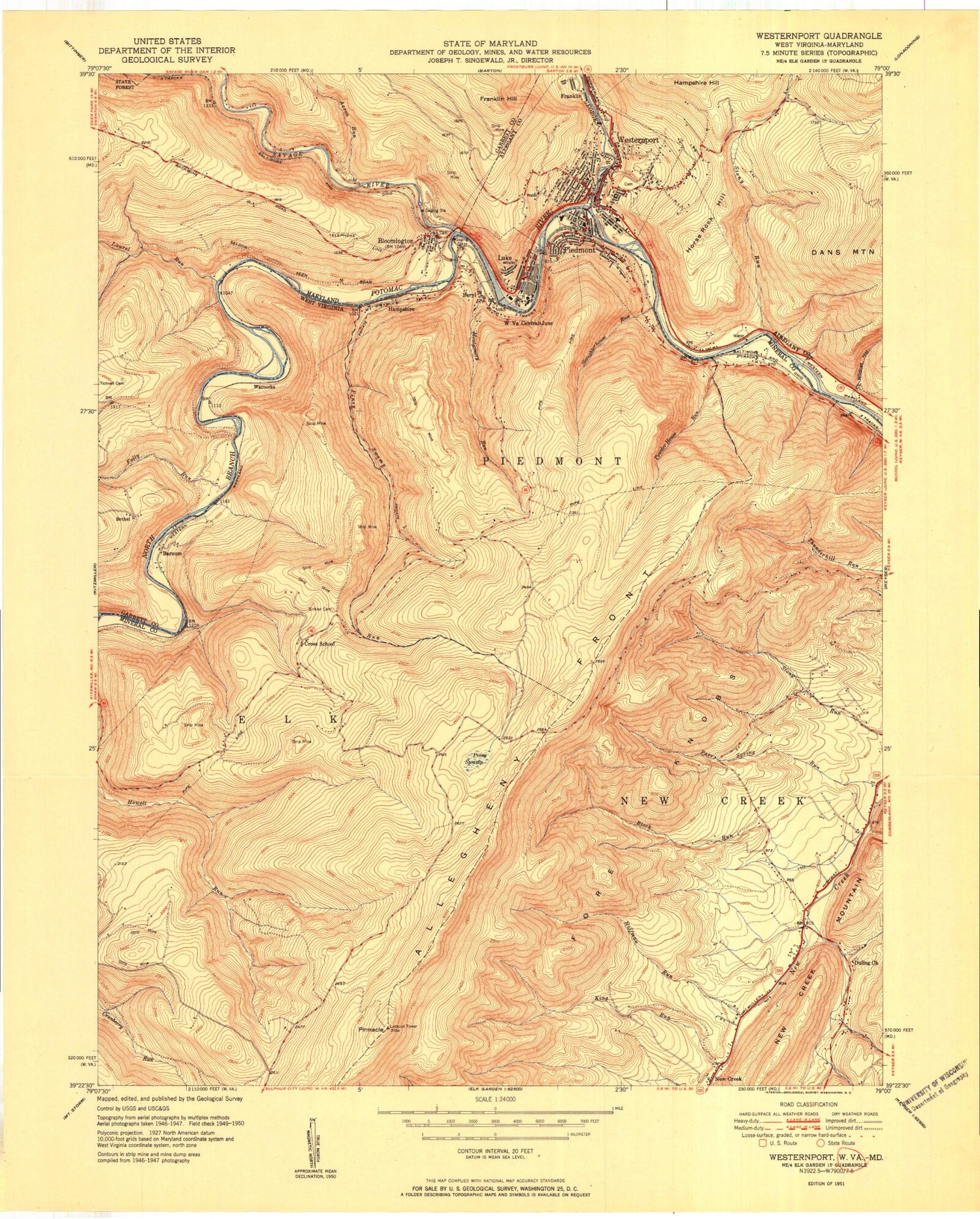 Classic USGS Westernport Maryland 7.5'x7.5' Topo Map Image