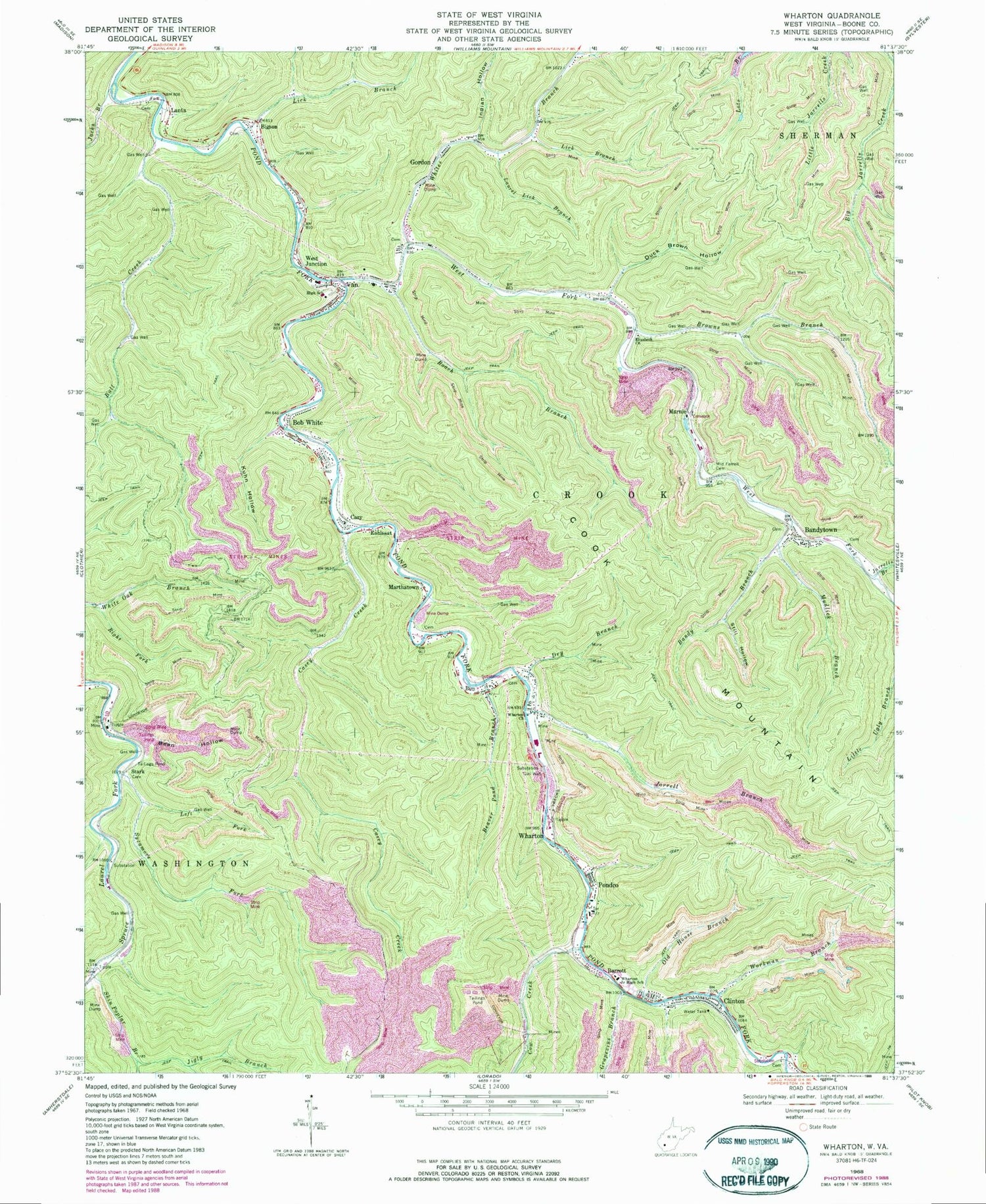 Classic USGS Wharton West Virginia 7.5'x7.5' Topo Map Image