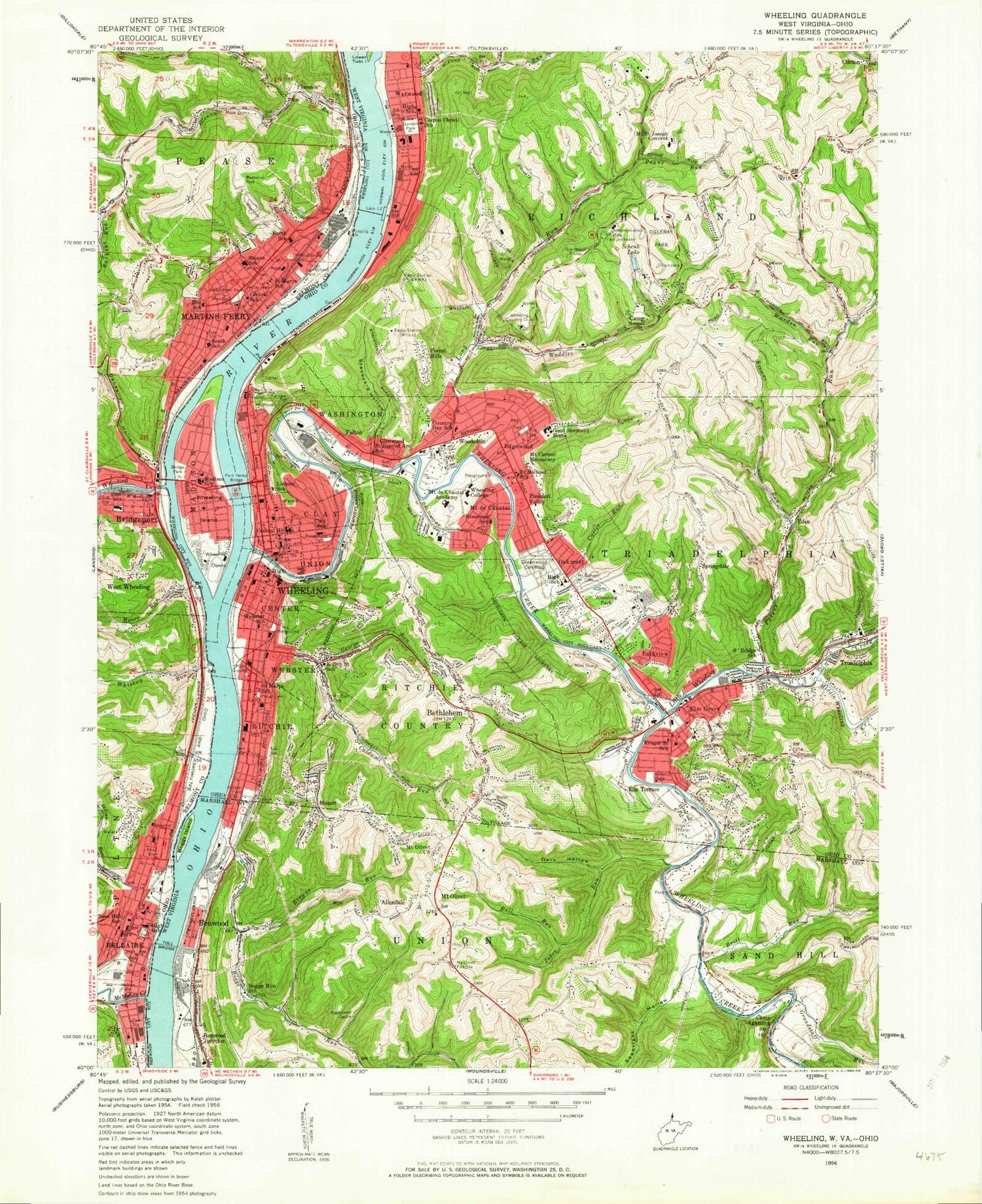 Classic USGS Wheeling West Virginia 7.5'x7.5' Topo Map Image