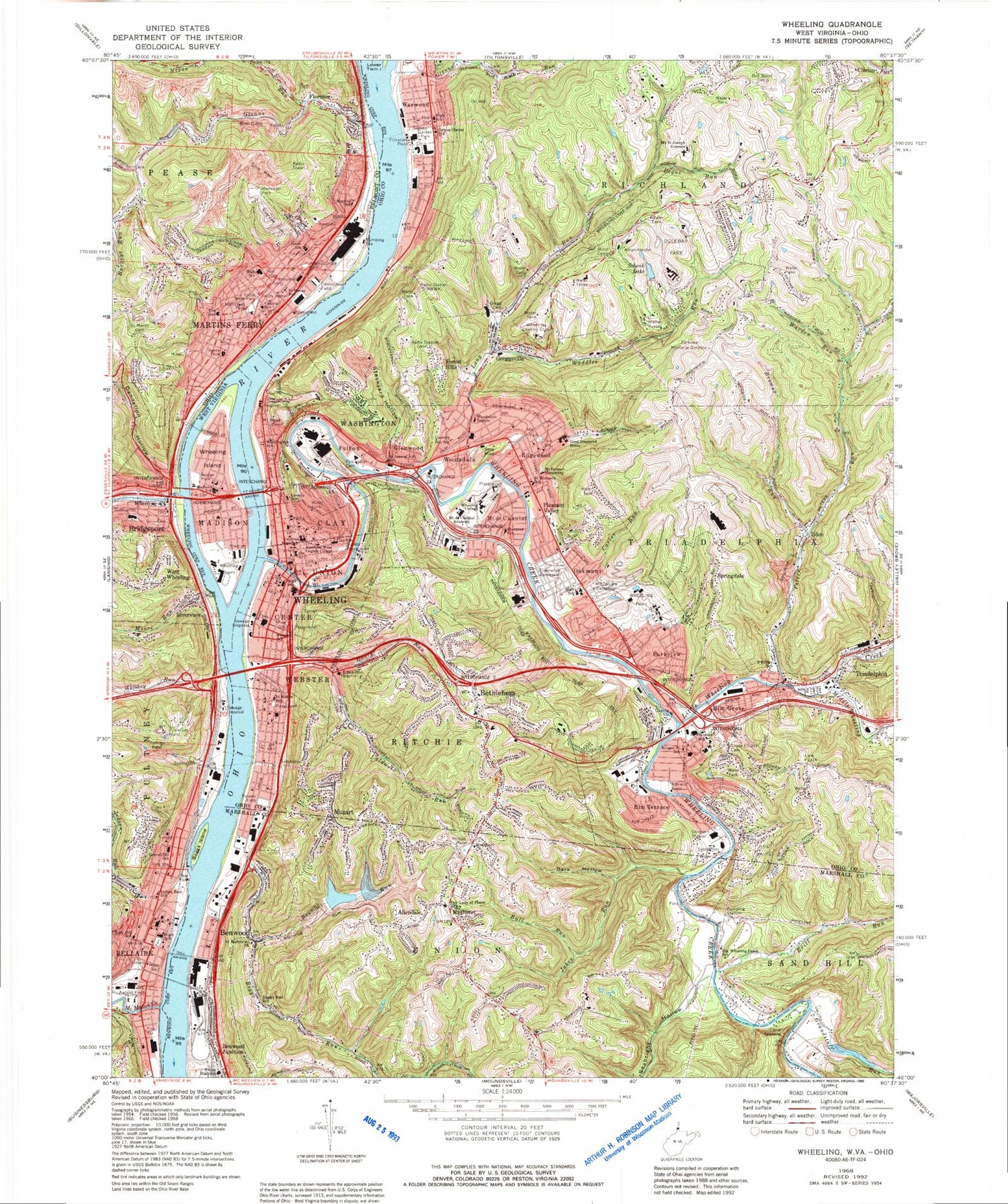 Classic USGS Wheeling West Virginia 7.5'x7.5' Topo Map Image
