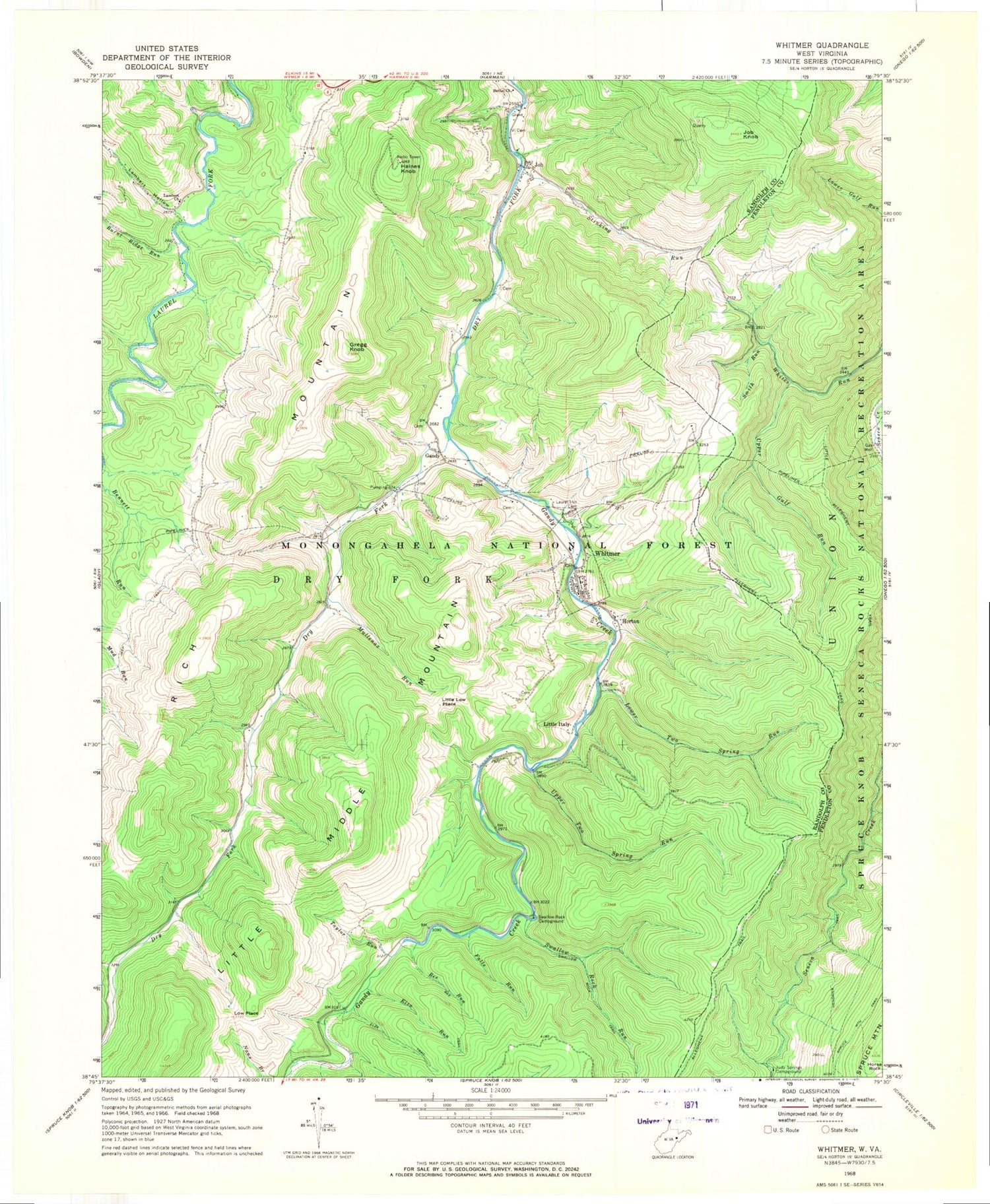 Classic USGS Whitmer West Virginia 7.5'x7.5' Topo Map Image