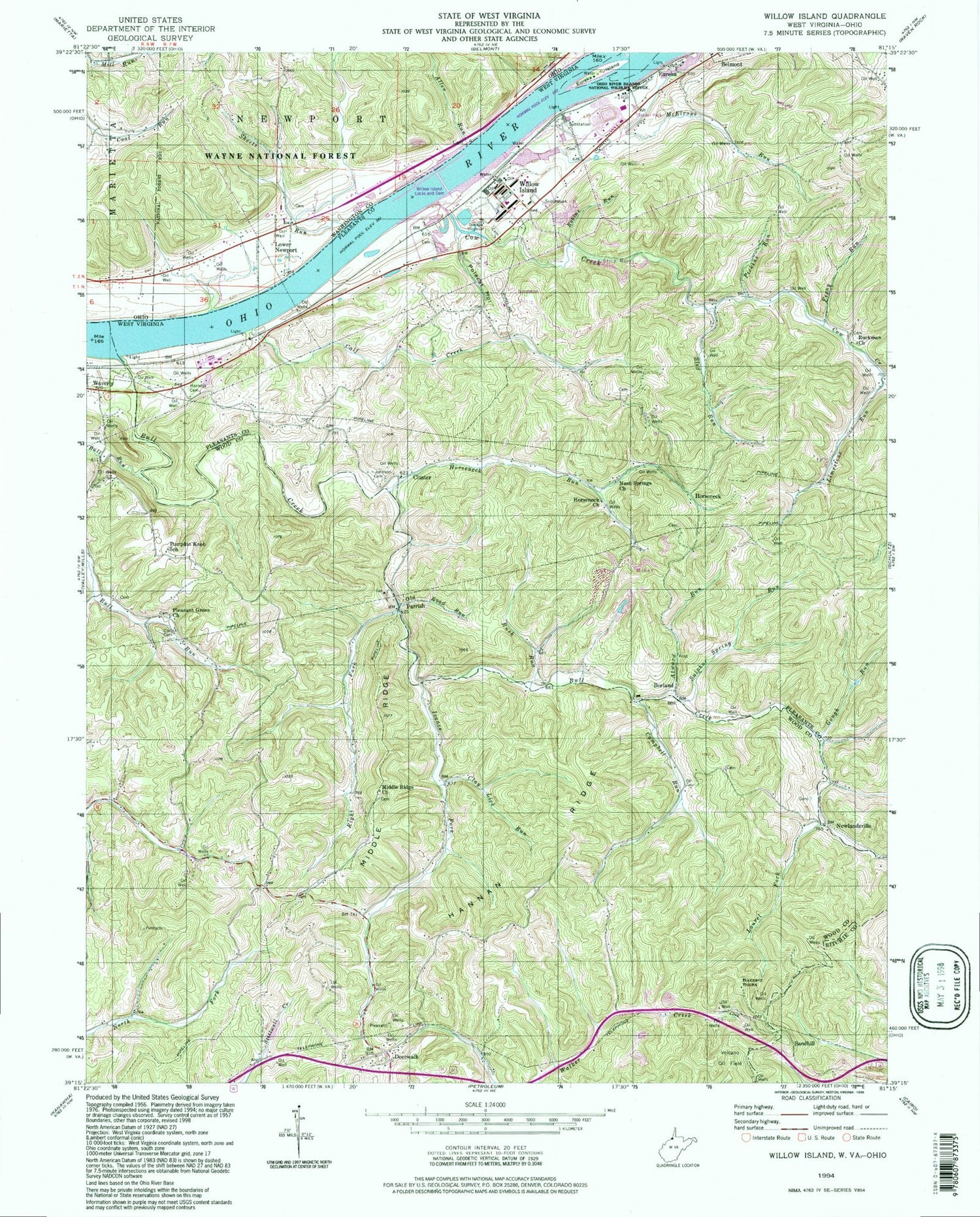 Classic USGS Willow Island West Virginia 7.5'x7.5' Topo Map Image