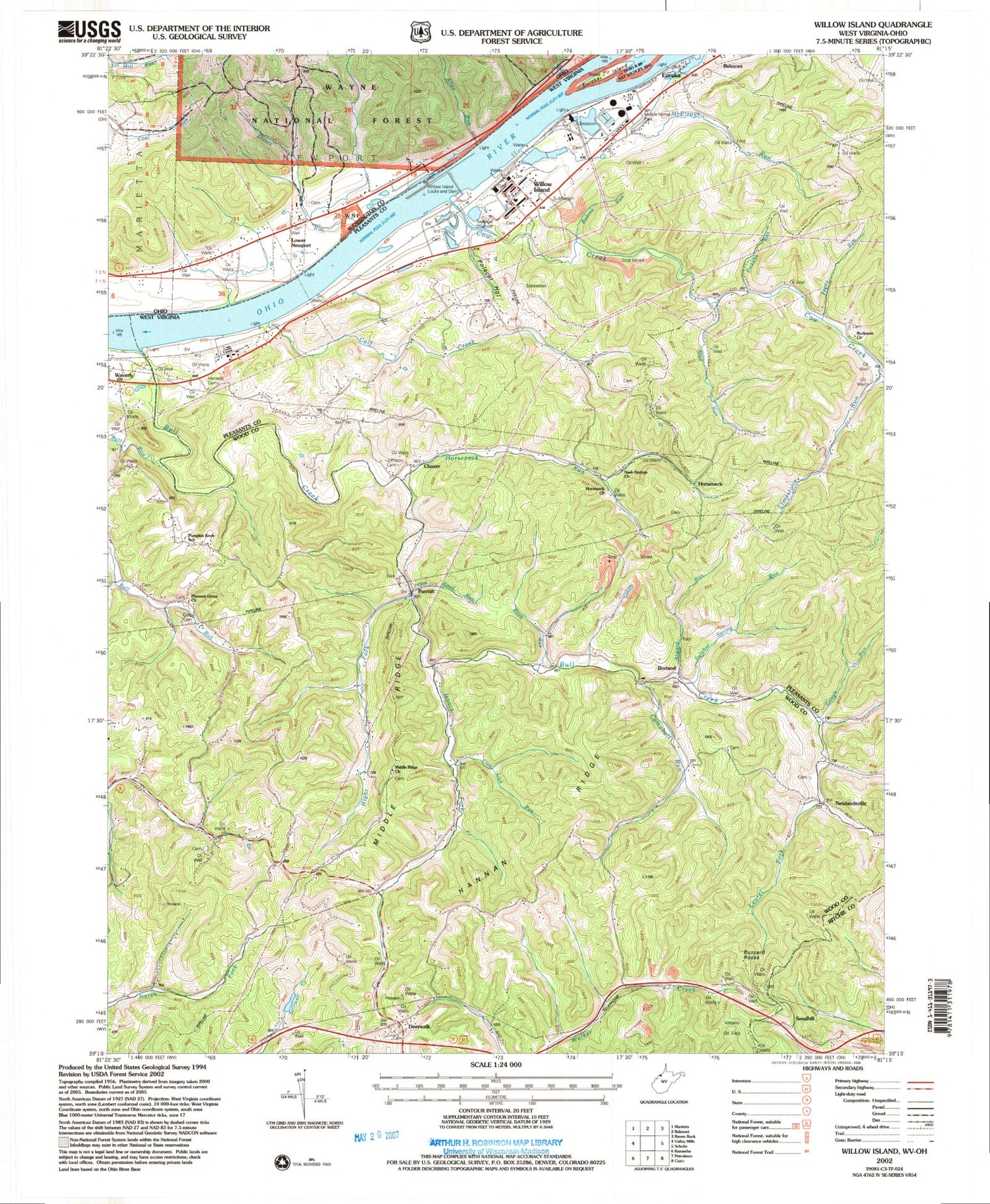 Classic USGS Willow Island West Virginia 7.5'x7.5' Topo Map Image