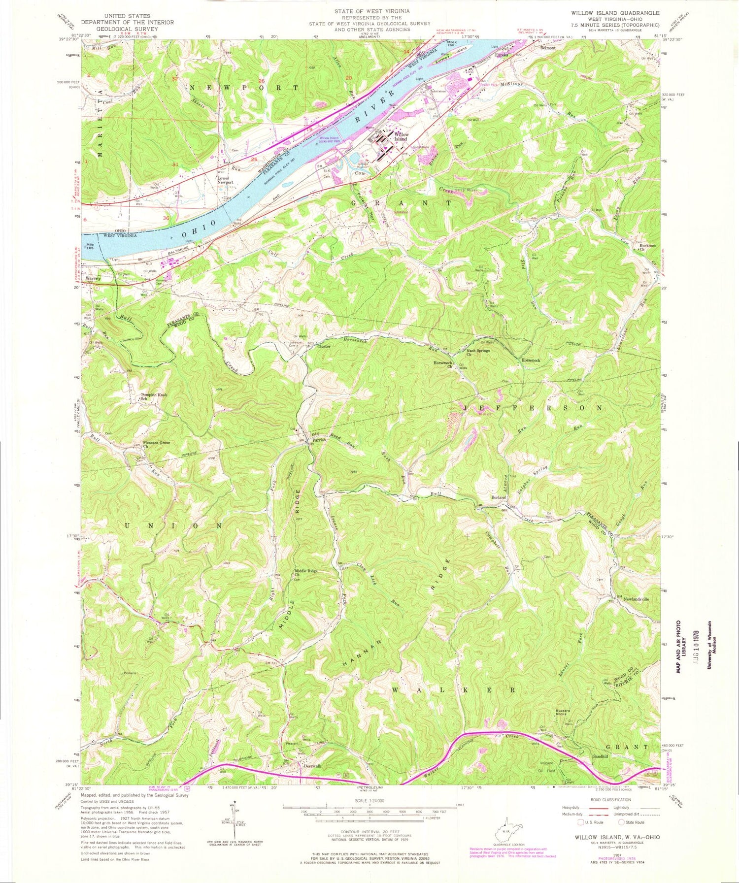 Classic USGS Willow Island West Virginia 7.5'x7.5' Topo Map Image