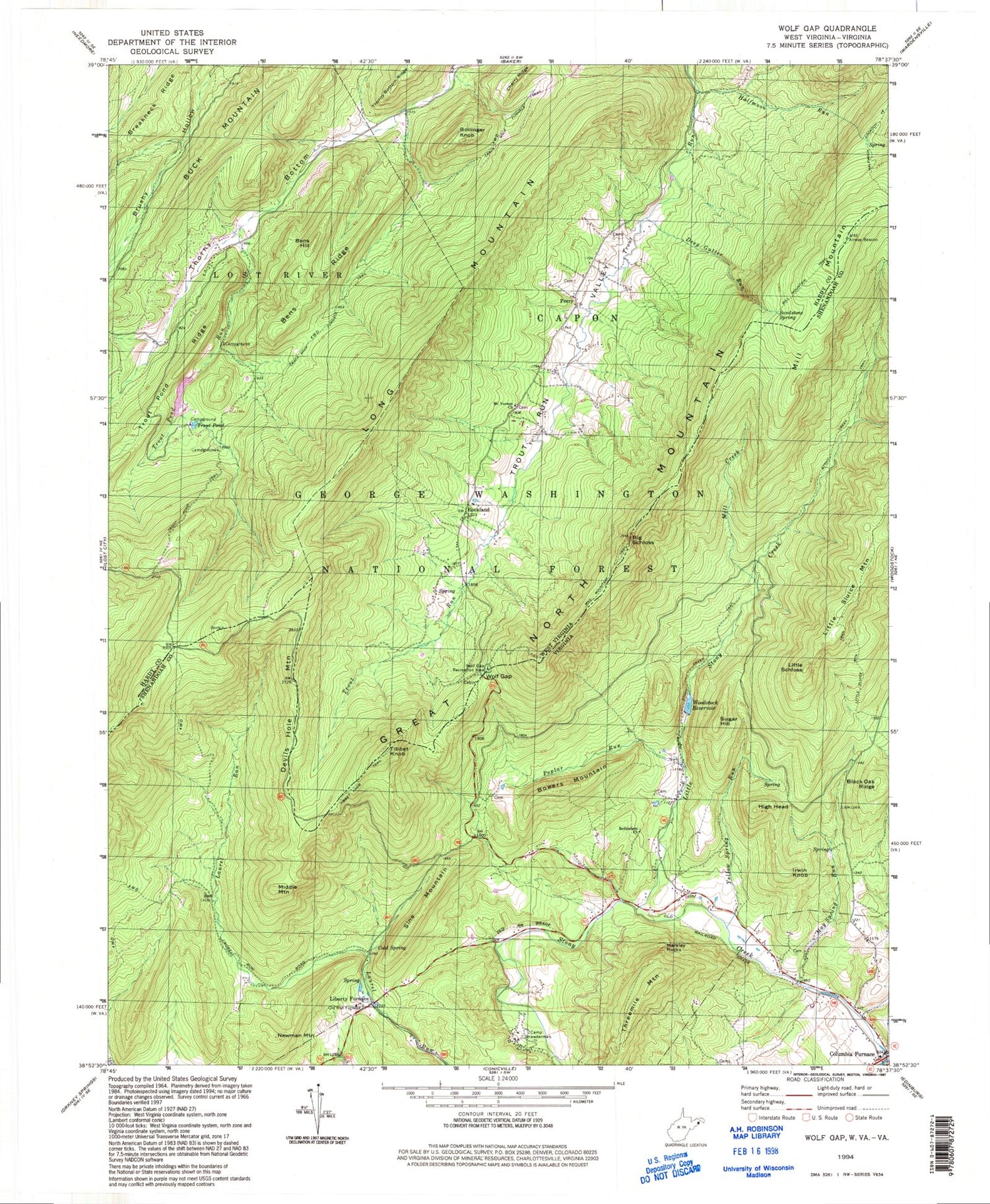 Classic USGS Wolf Gap West Virginia 7.5'x7.5' Topo Map Image