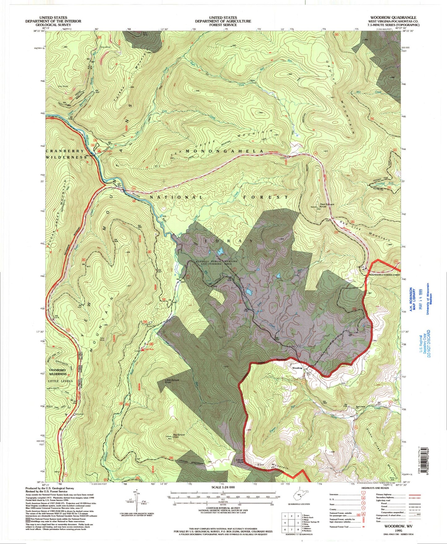 Classic USGS Woodrow West Virginia 7.5'x7.5' Topo Map Image