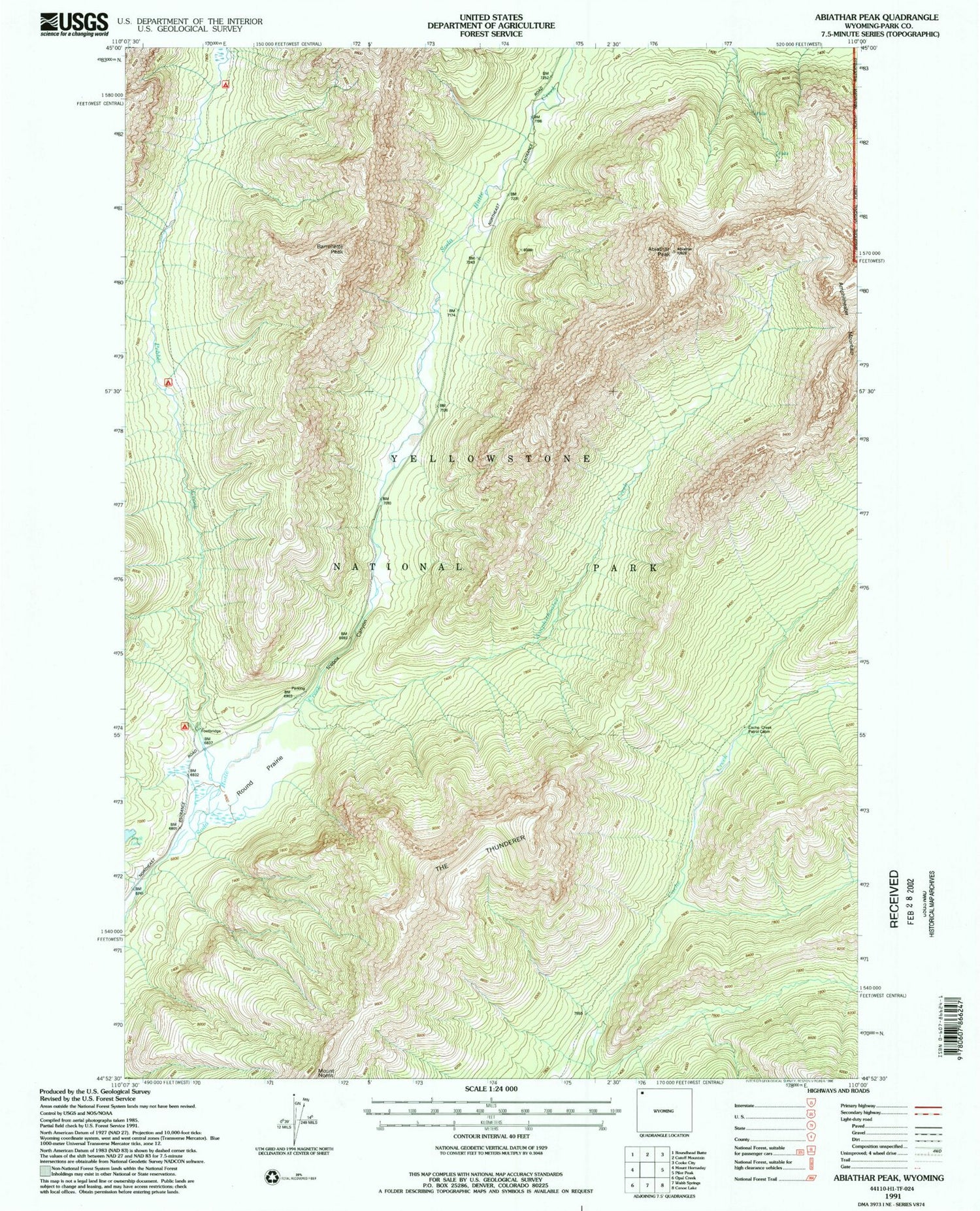 Classic USGS Abiathar Peak Wyoming 7.5'x7.5' Topo Map Image