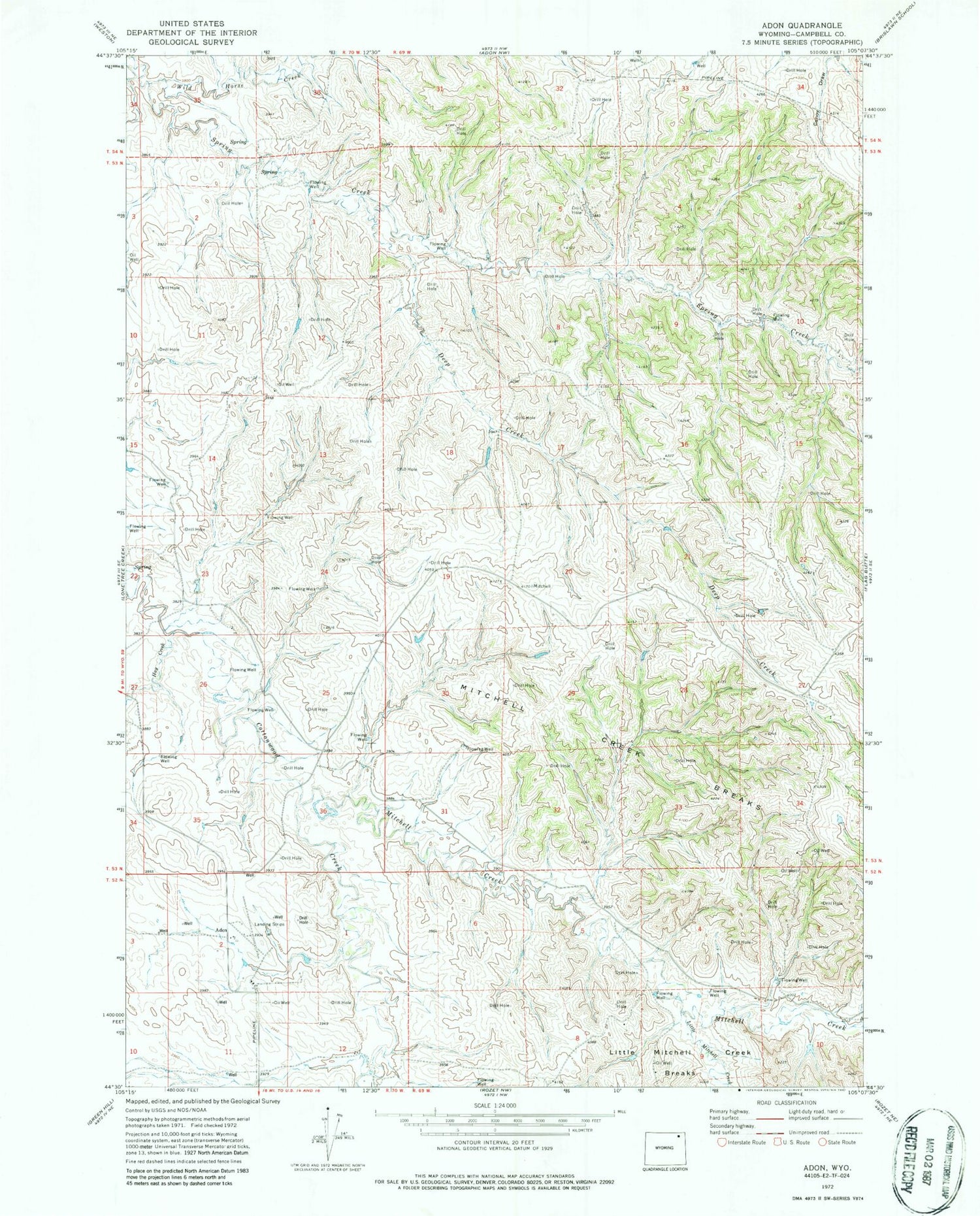 Classic USGS Adon Wyoming 7.5'x7.5' Topo Map Image