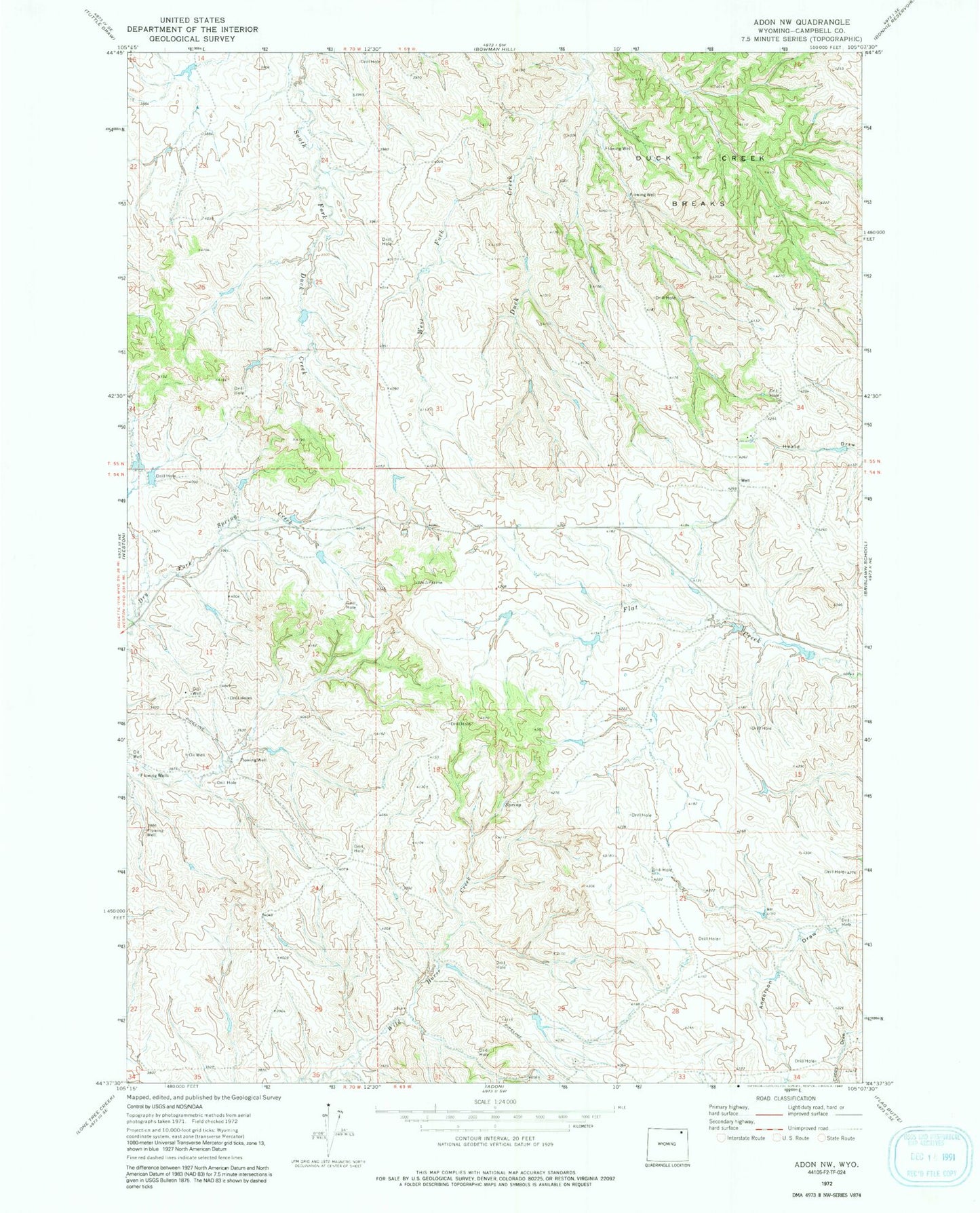 Classic USGS Adon NW Wyoming 7.5'x7.5' Topo Map Image