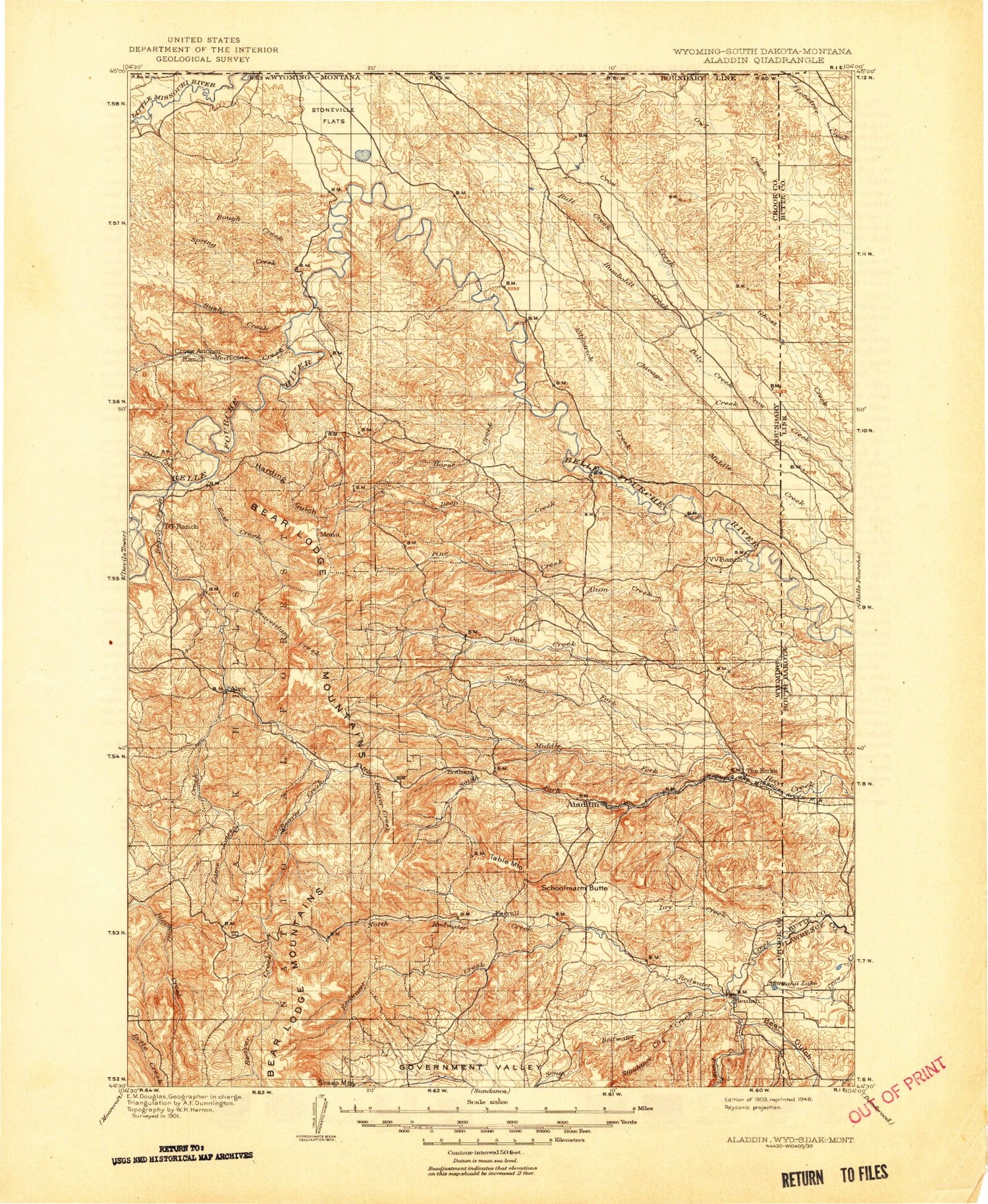 Historic 1903 Aladdin Wyoming 30'x30' Topo Map Image