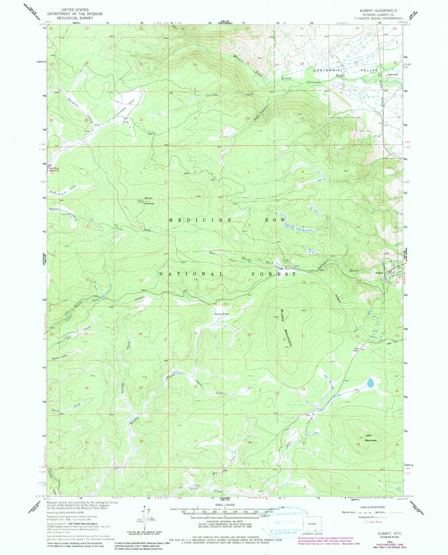 Classic USGS Albany Wyoming 7.5'x7.5' Topo Map Image