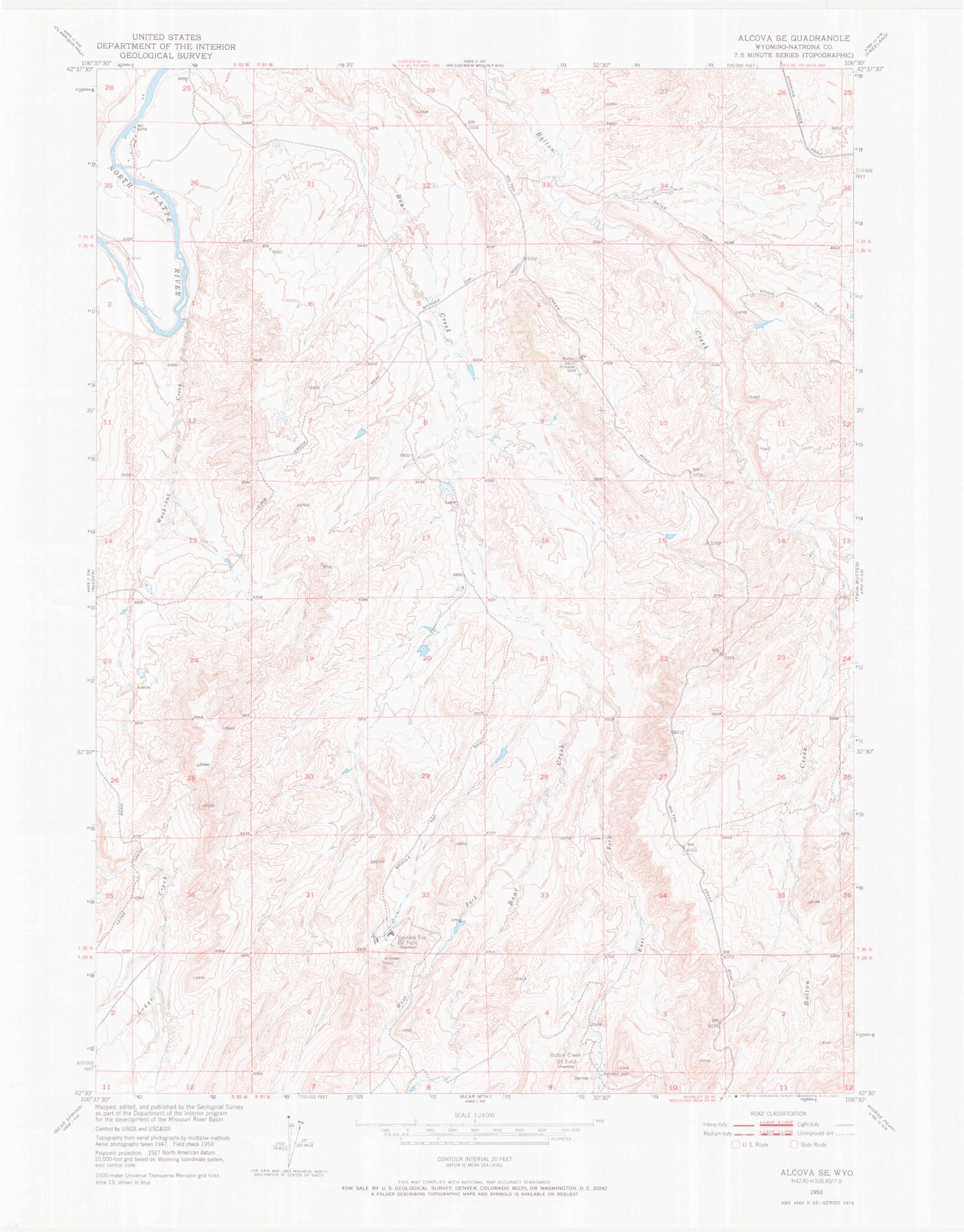 Classic USGS Alcova SE Wyoming 7.5'x7.5' Topo Map Image