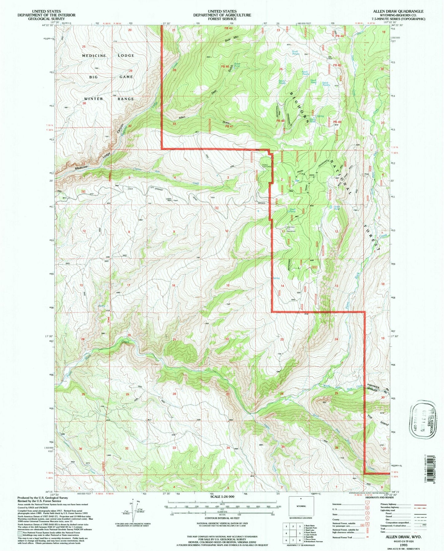 Classic USGS Allen Draw Wyoming 7.5'x7.5' Topo Map Image