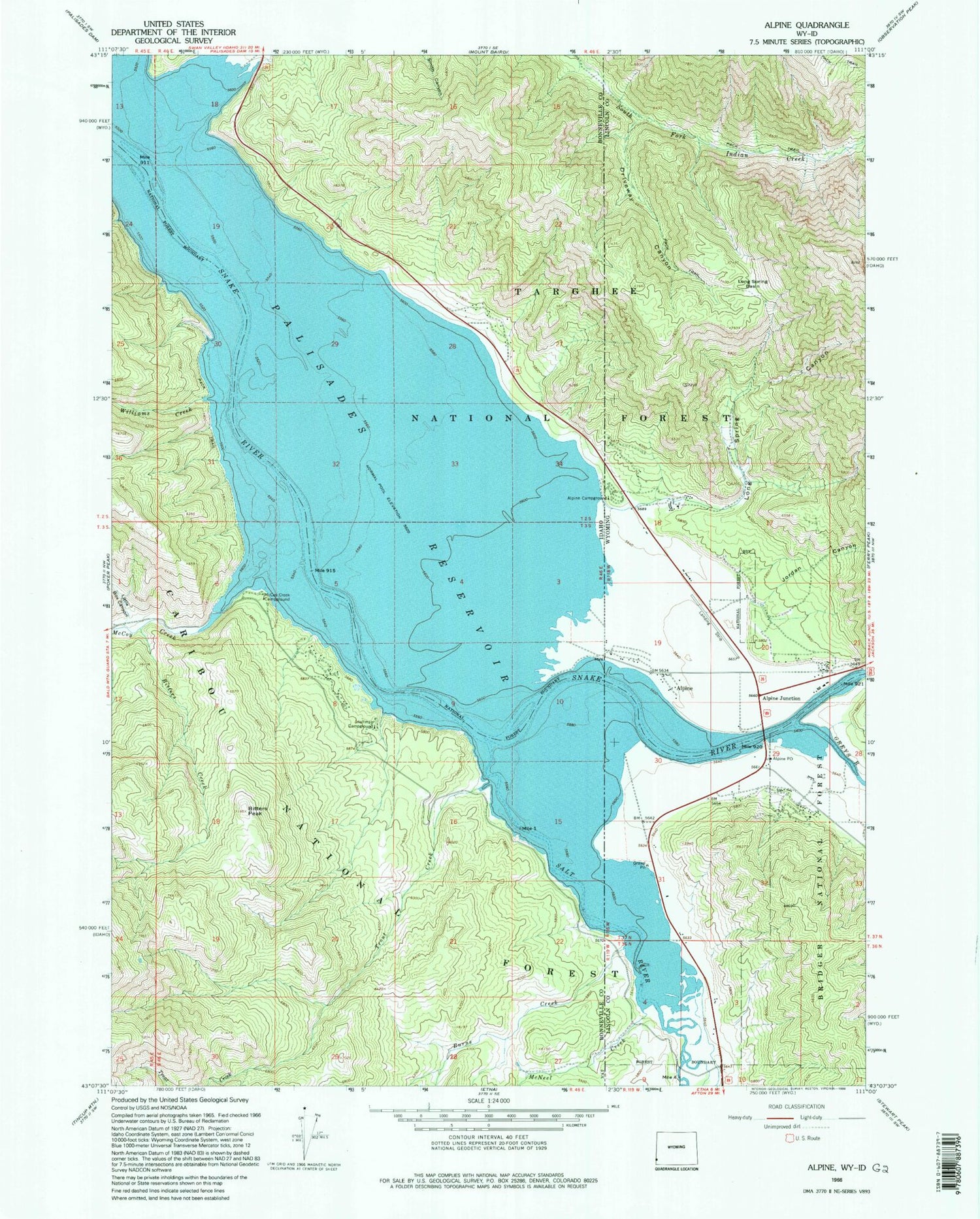 Classic USGS Alpine Wyoming 7.5'x7.5' Topo Map Image
