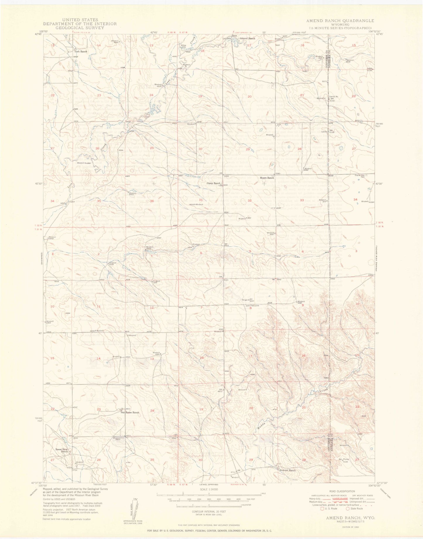 Classic USGS Amend Ranch Wyoming 7.5'x7.5' Topo Map Image