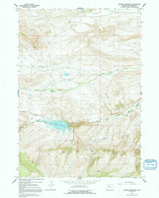 Classic USGS Anchor Reservoir Wyoming 7.5'x7.5' Topo Map Image