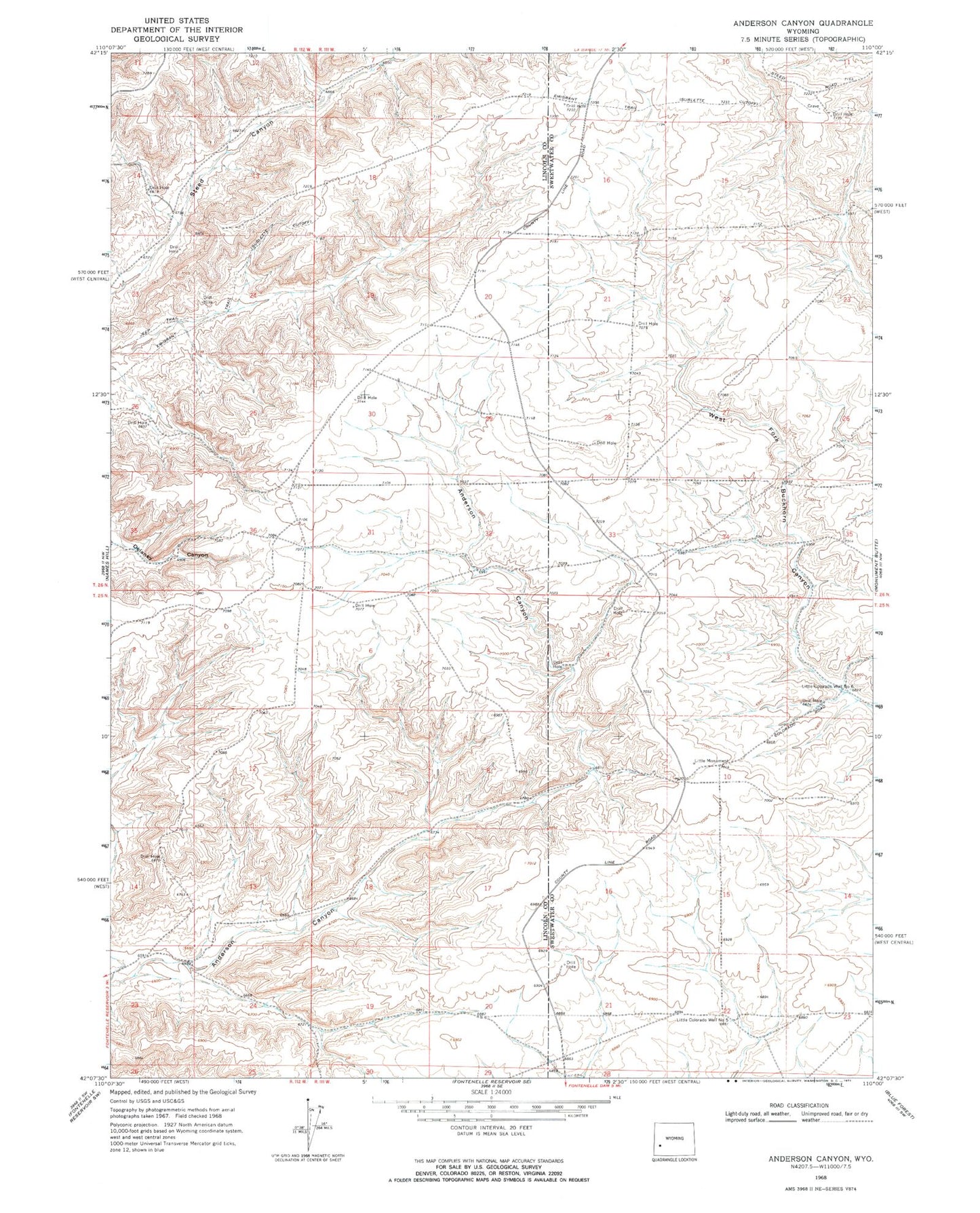 Classic USGS Anderson Canyon Wyoming 7.5'x7.5' Topo Map Image