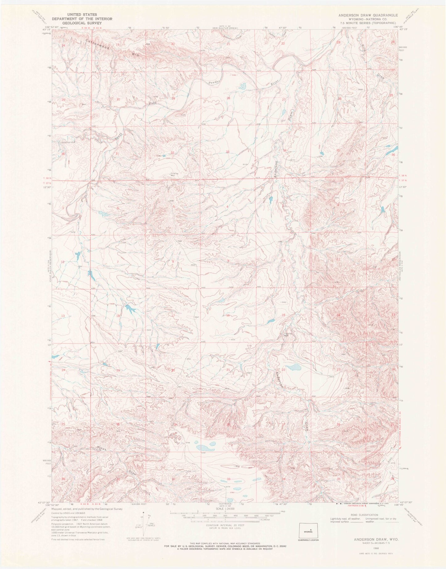 Classic USGS Anderson Draw Wyoming 7.5'x7.5' Topo Map Image