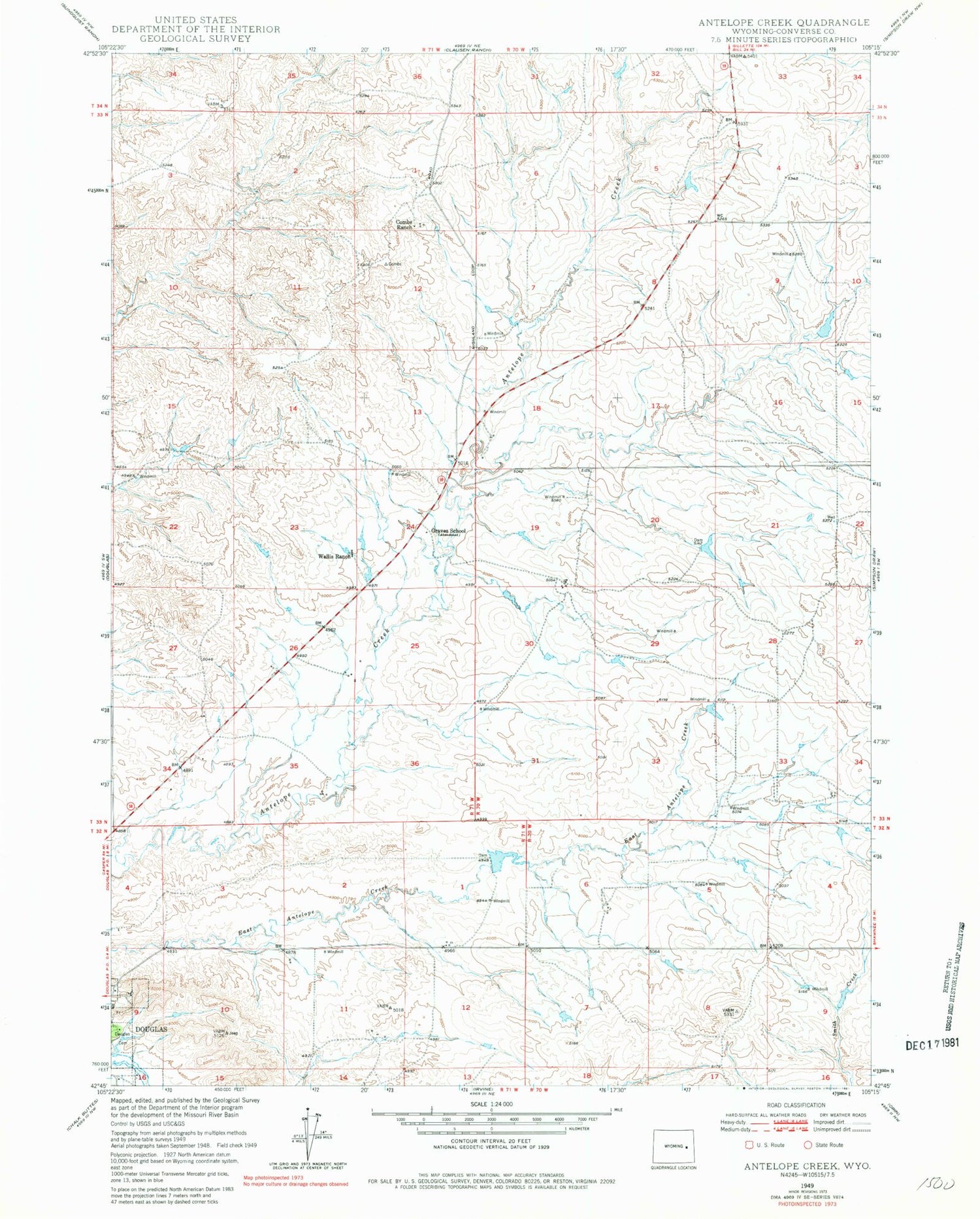 Classic USGS Antelope Creek Wyoming 7.5'x7.5' Topo Map Image